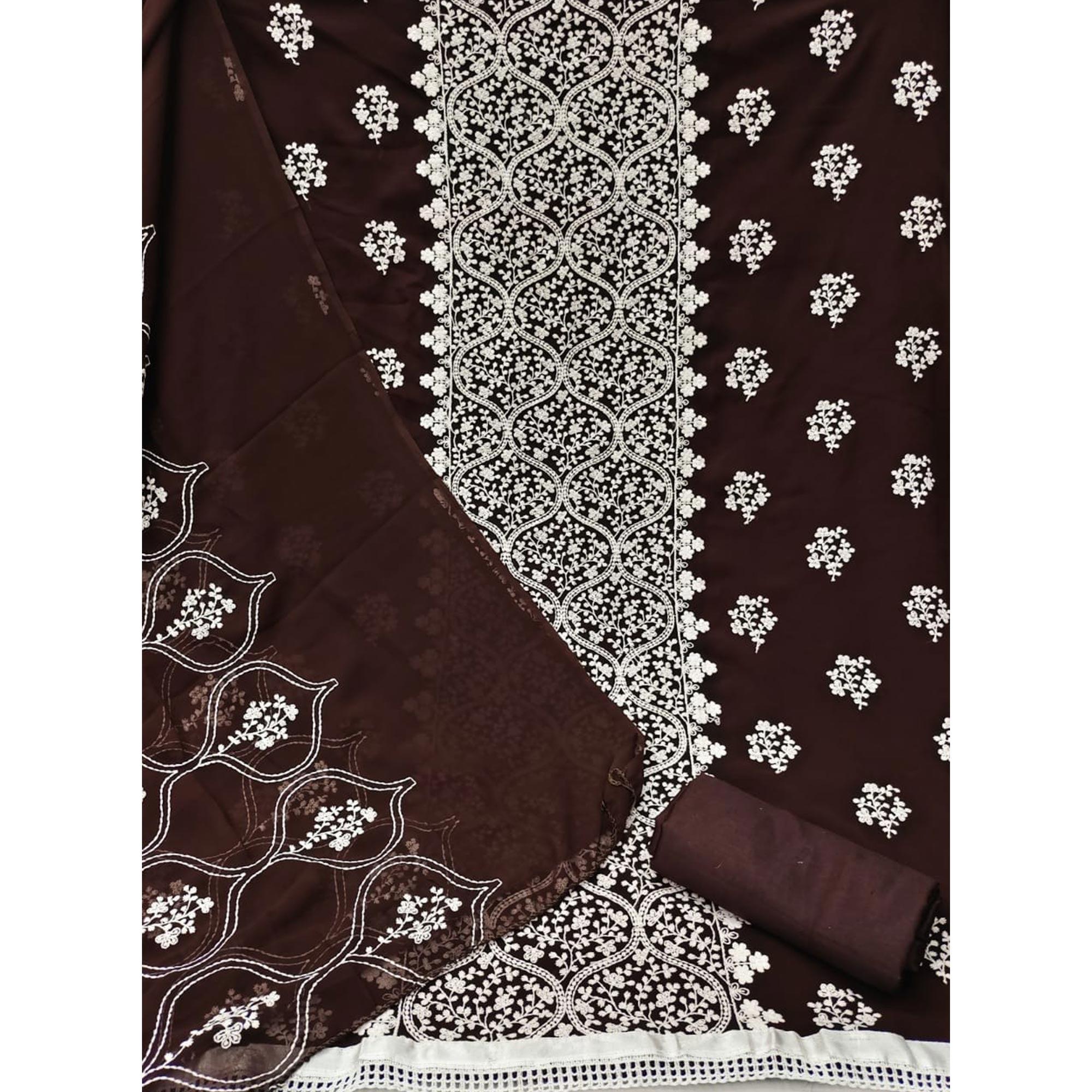Brown Floral Embroidered Georgette Dress Material - Peachmode