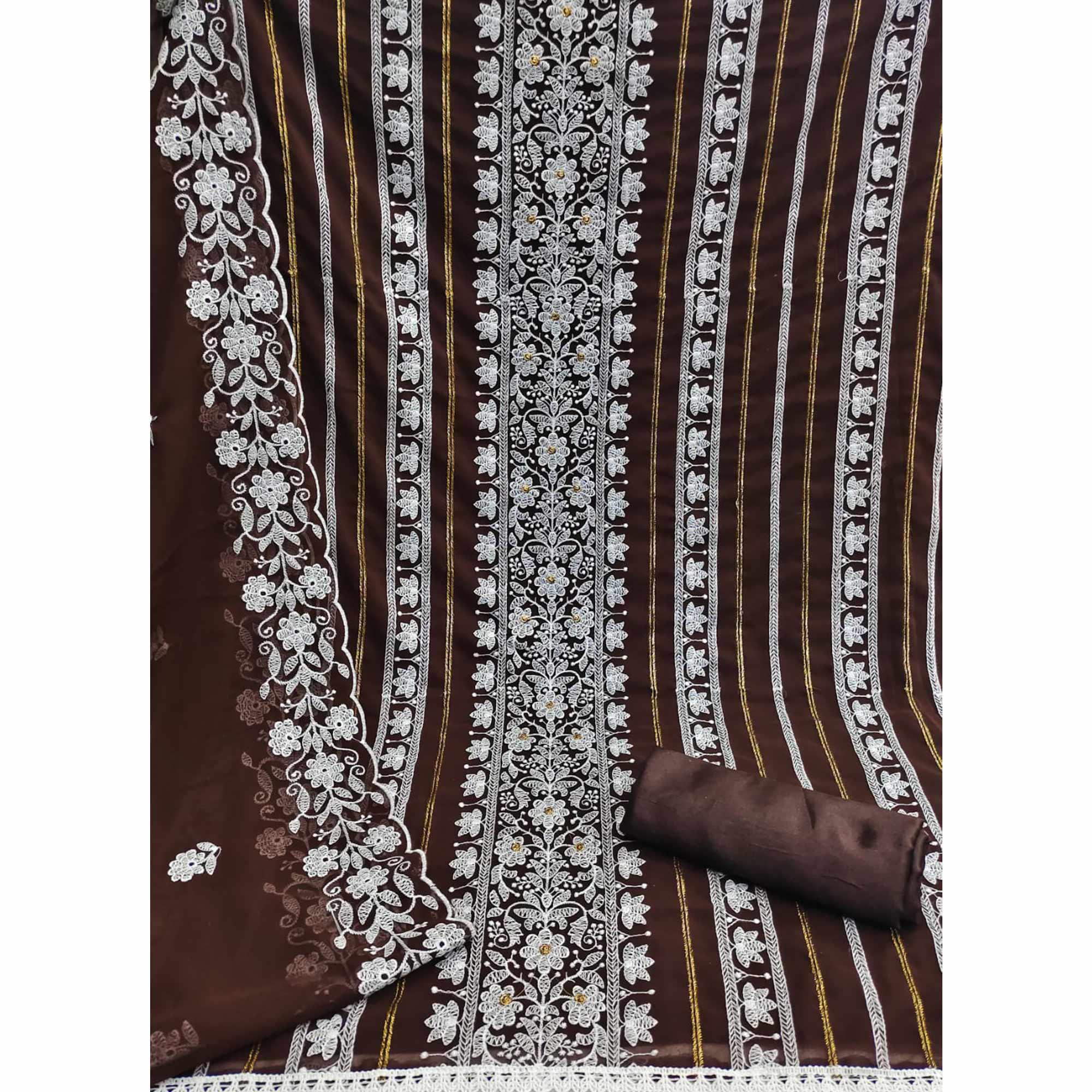 Brown Floral Embroidered Georgette Dress Material - Peachmode