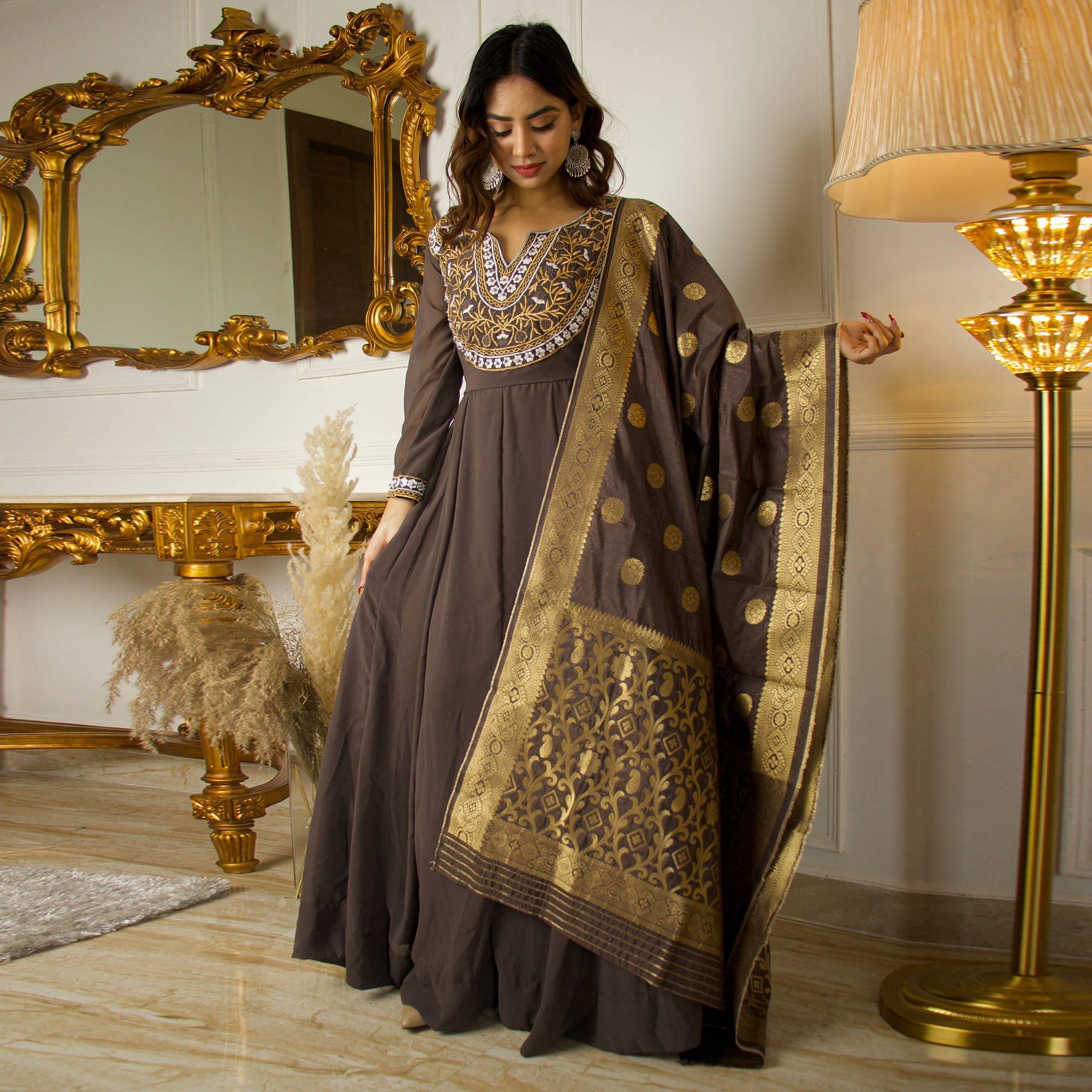 Brown Floral Embroidered Georgette Partywear Gown With Dupatta - Peachmode