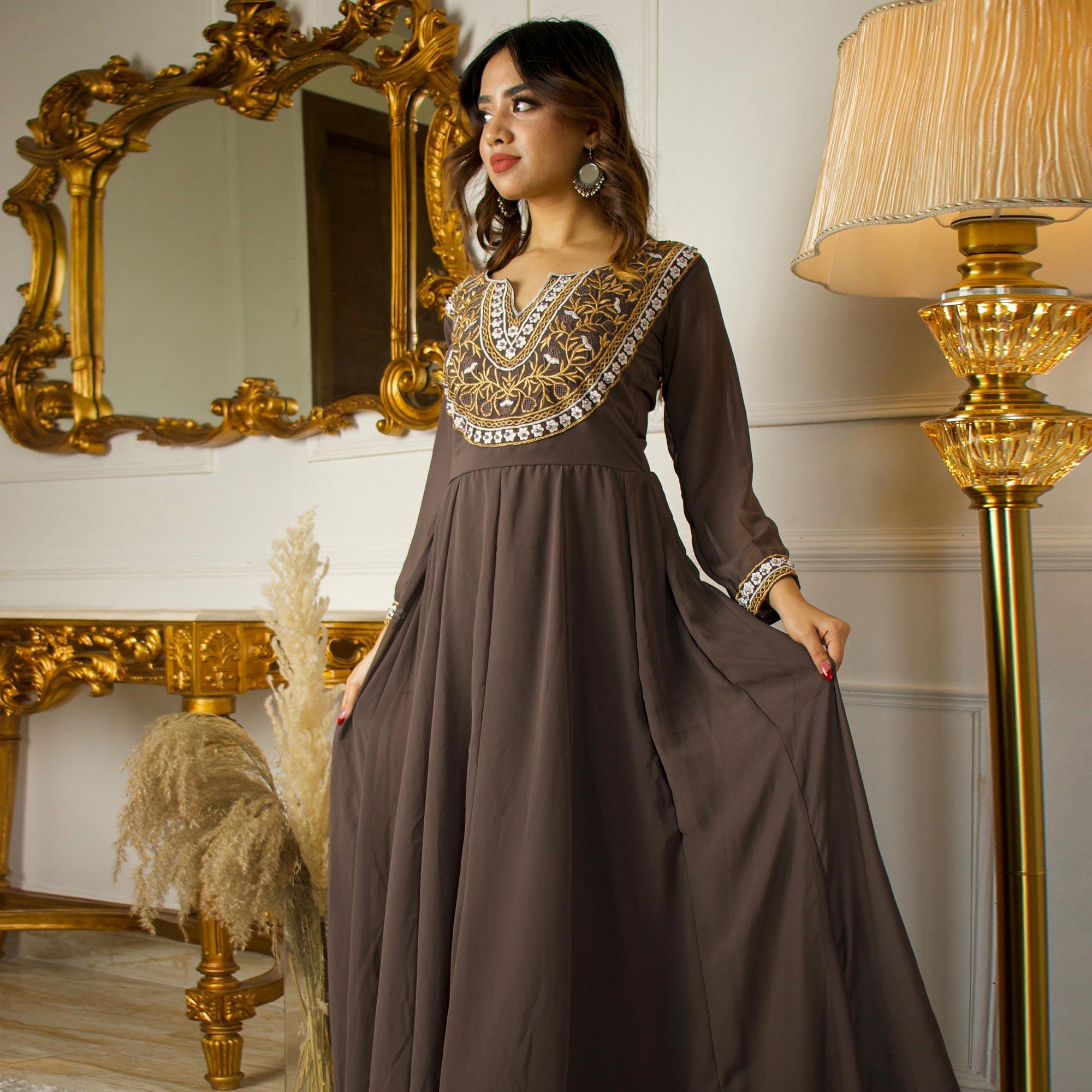 Brown Floral Embroidered Georgette Partywear Gown With Dupatta - Peachmode