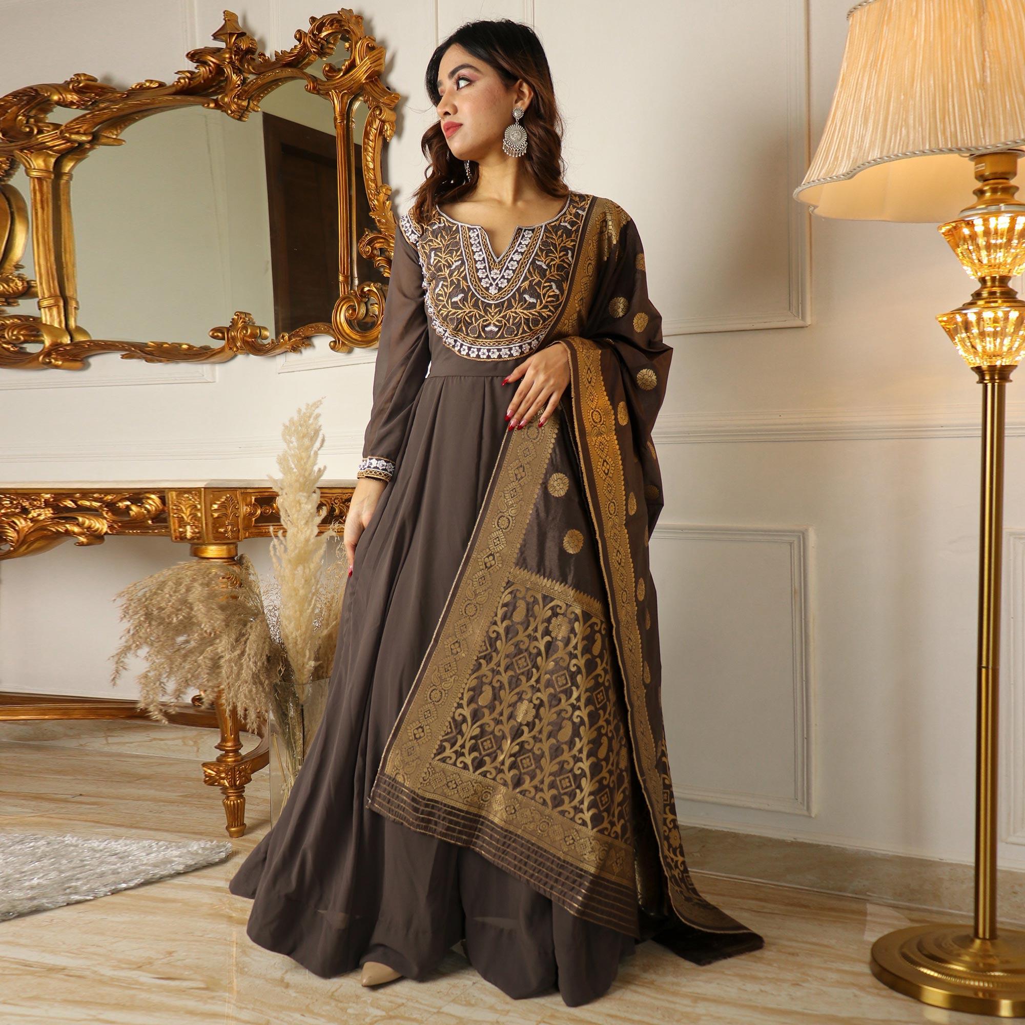 Brown Floral Embroidered Georgette Partywear Gown With Dupatta - Peachmode