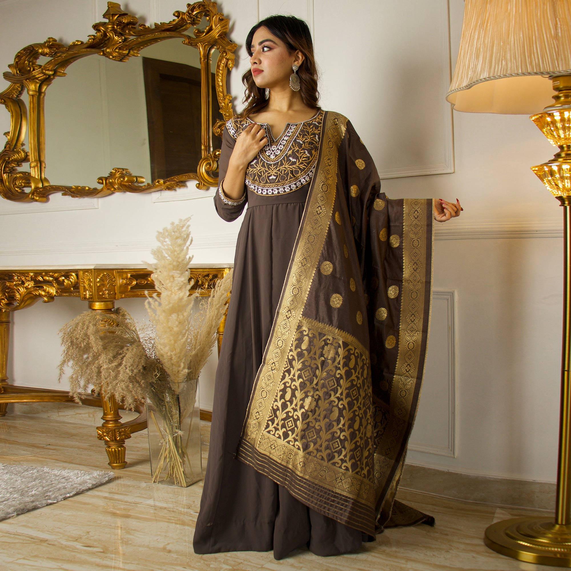 Brown Floral Embroidered Georgette Partywear Gown With Dupatta - Peachmode