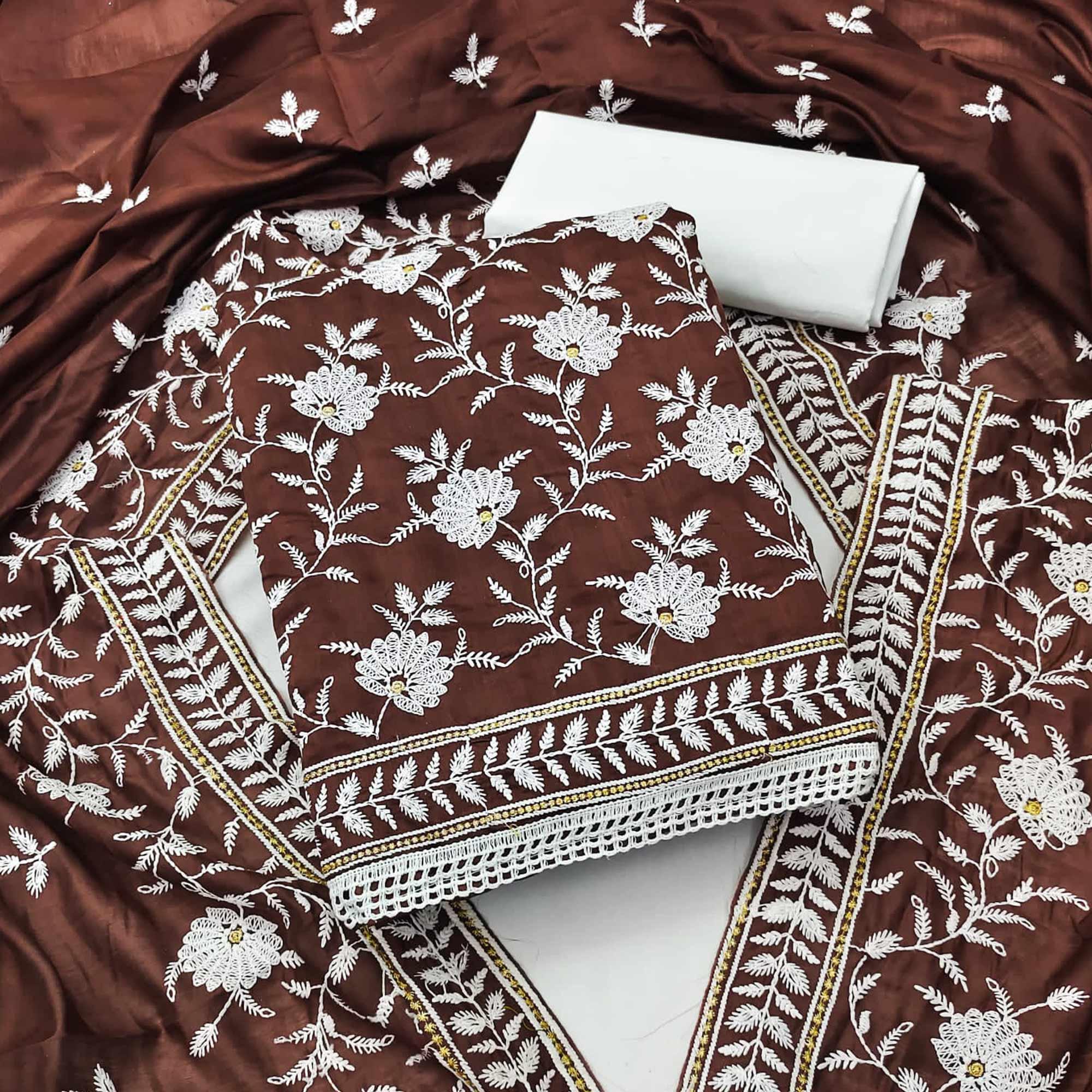 Brown Floral Embroidered Muslin Dress Material - Peachmode