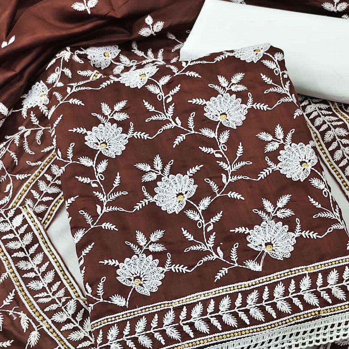 Brown Floral Embroidered Muslin Dress Material - Peachmode