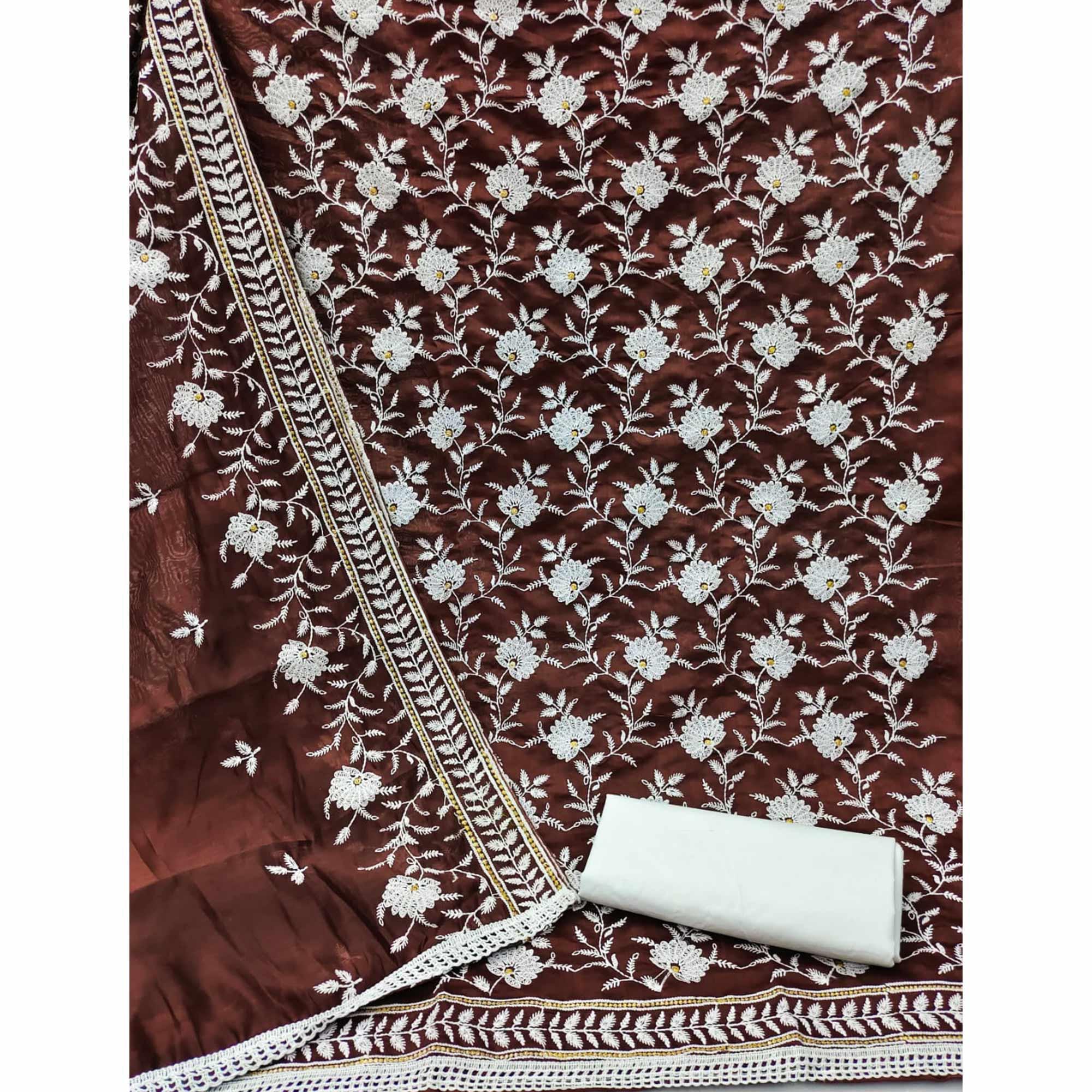 Brown Floral Embroidered Muslin Dress Material - Peachmode