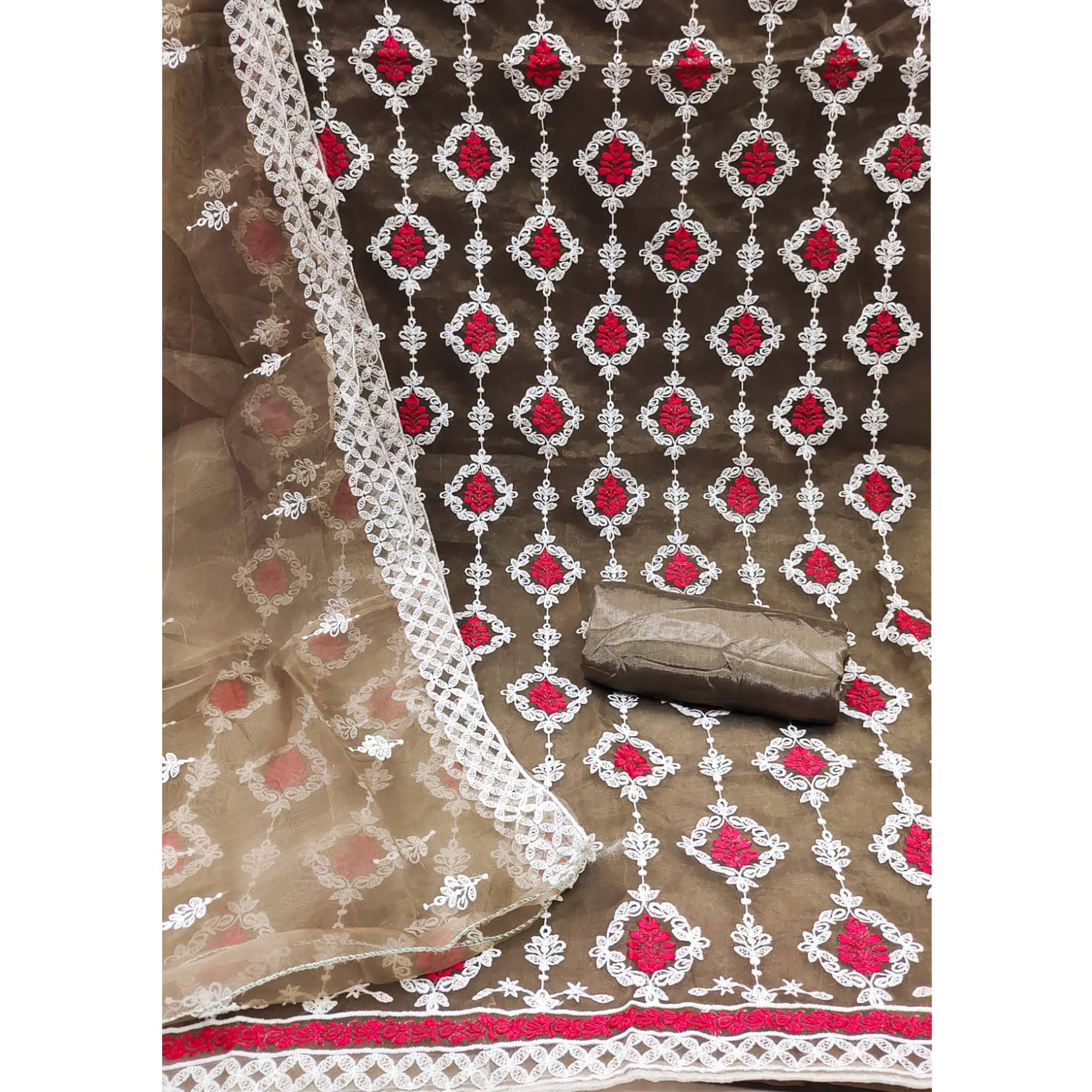 Brown Floral Embroidered Organza Dress Material - Peachmode