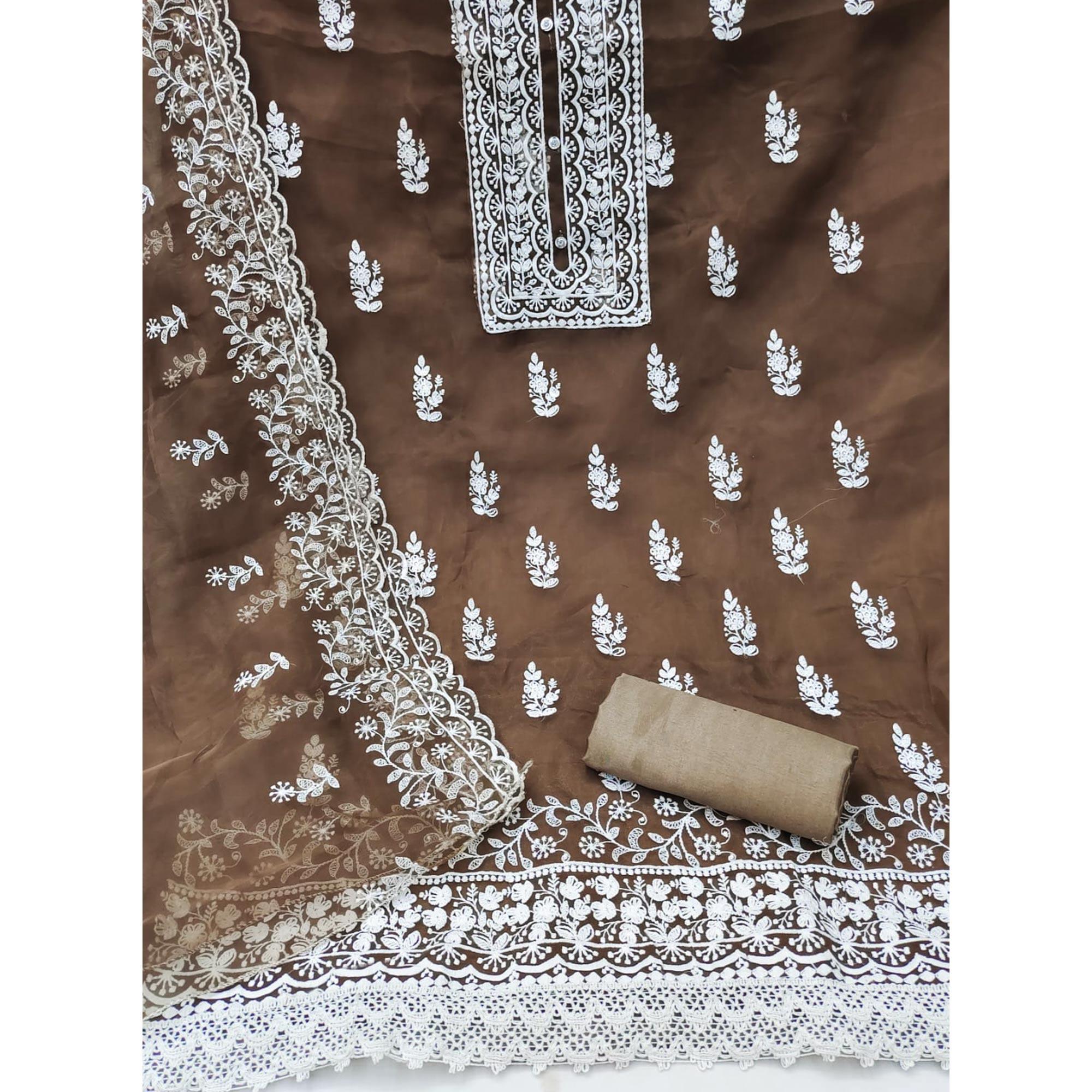 Brown Floral Embroidered Organza Dress Material - Peachmode