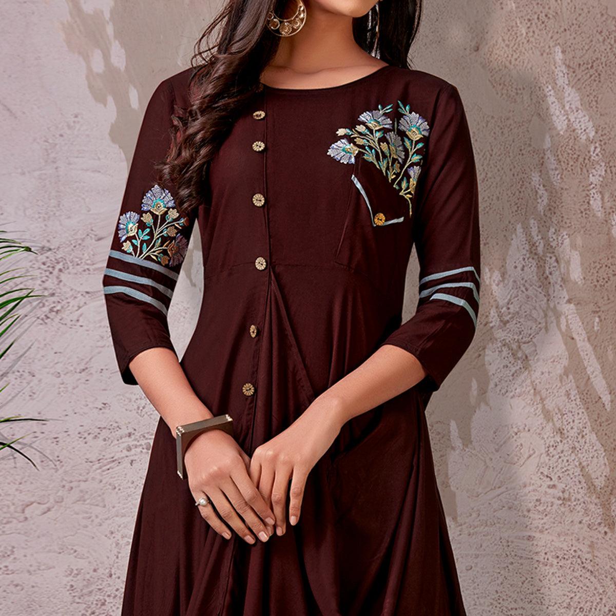 Brown Floral Embroidered Rayon Gown - Peachmode