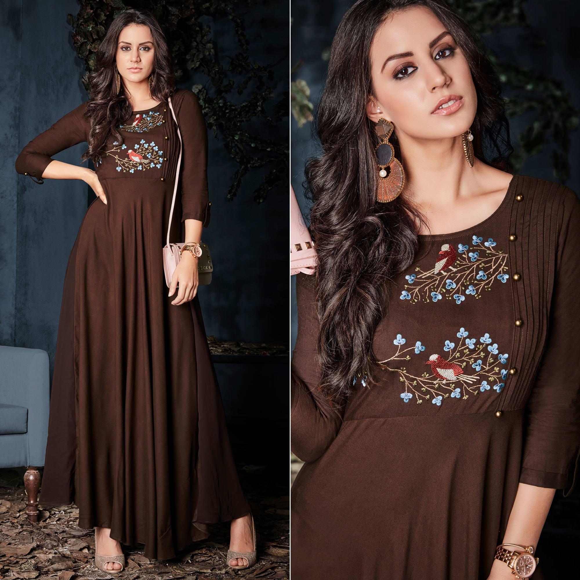 Brown Floral Embroidered Rayon Long Kurti - Peachmode