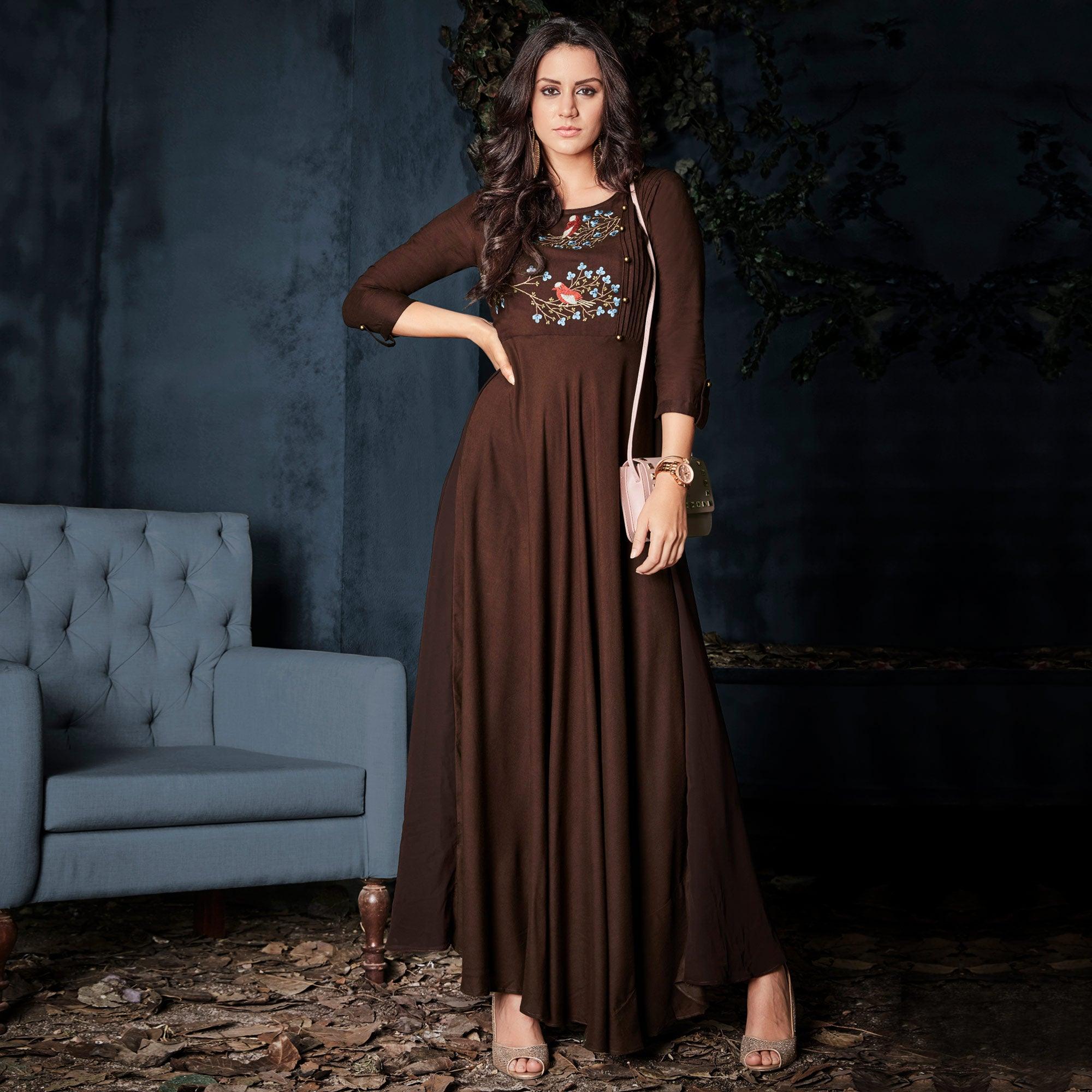 Brown Floral Embroidered Rayon Long Kurti - Peachmode