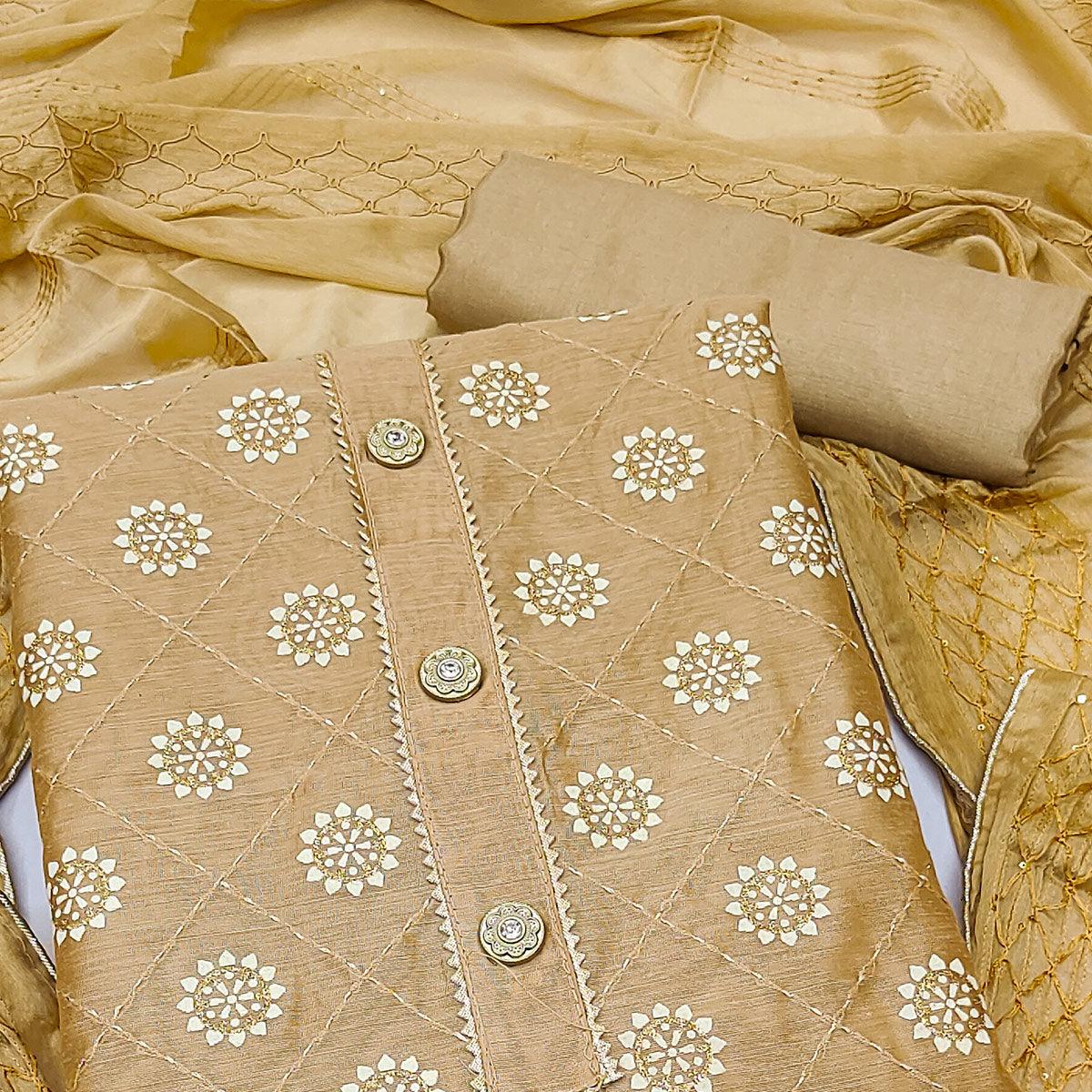 Brown Floral Embroidered With Gota Patti Chanderi Dress Material - Peachmode