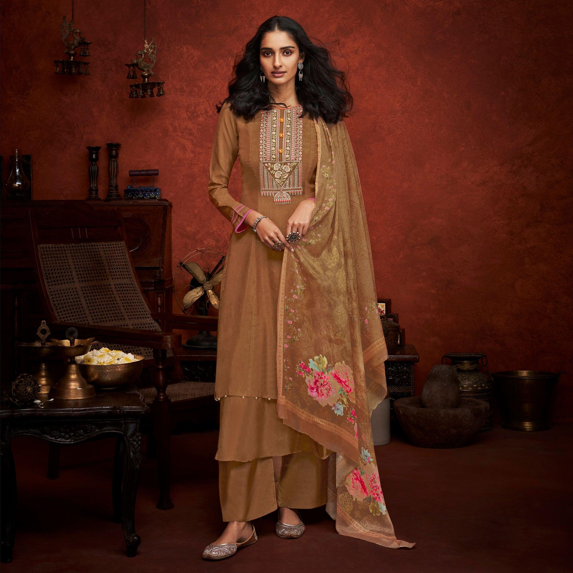 Brown Floral Embroidery With Print Pure Viscose Partywear Suit - Peachmode