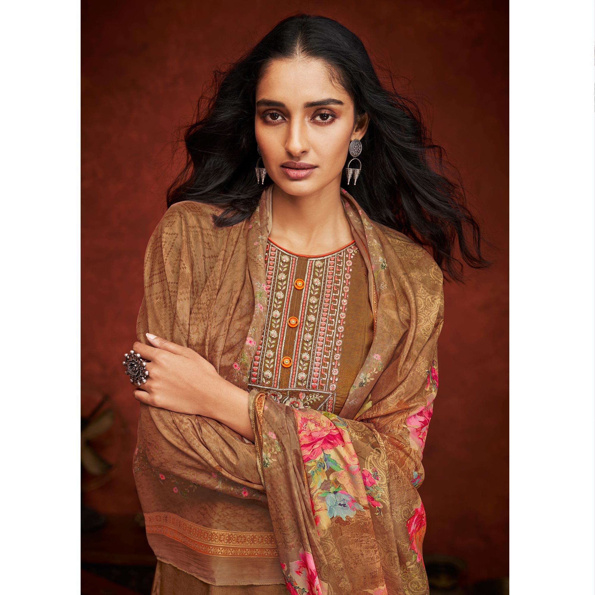 Brown Floral Embroidery With Print Pure Viscose Partywear Suit - Peachmode