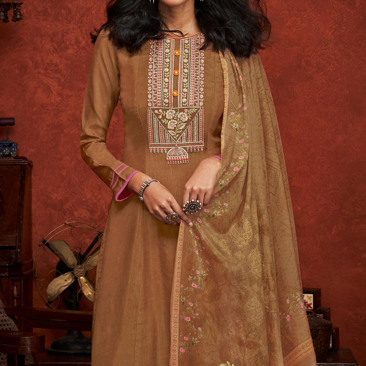 Brown Floral Embroidery With Print Pure Viscose Partywear Suit - Peachmode