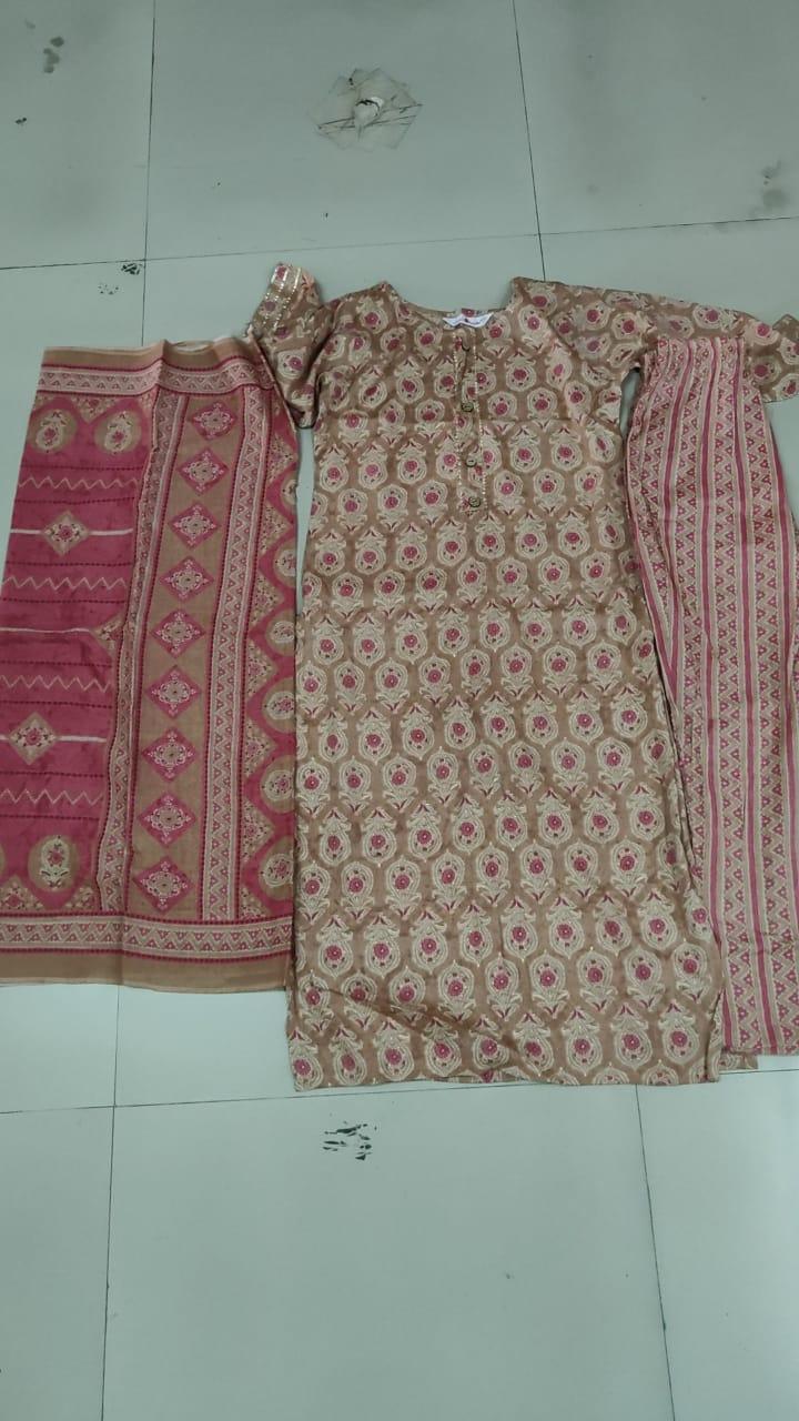 Brown Floral Foil Printed Rayon Kurti Pant Set - Peachmode
