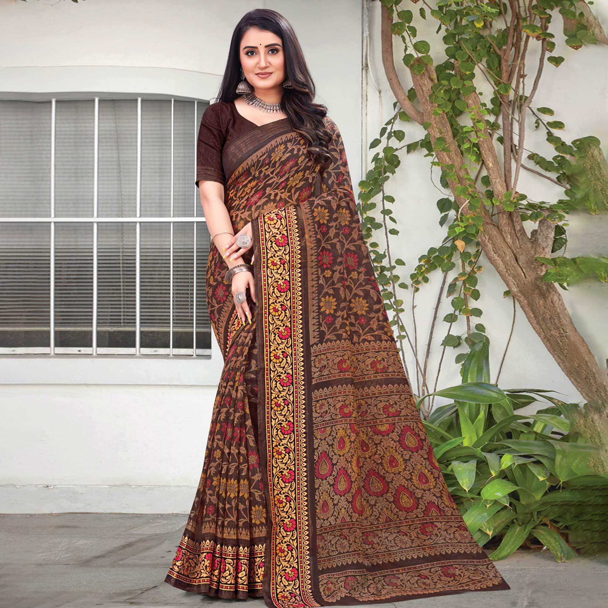 Brown Floral Printed Art Silk Saree - Peachmode