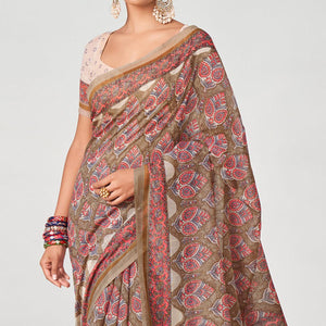 Brown Floral Printed Chanderi Saree - Peachmode