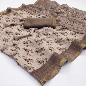 Brown Floral Printed Cotton Blend Saree - Peachmode