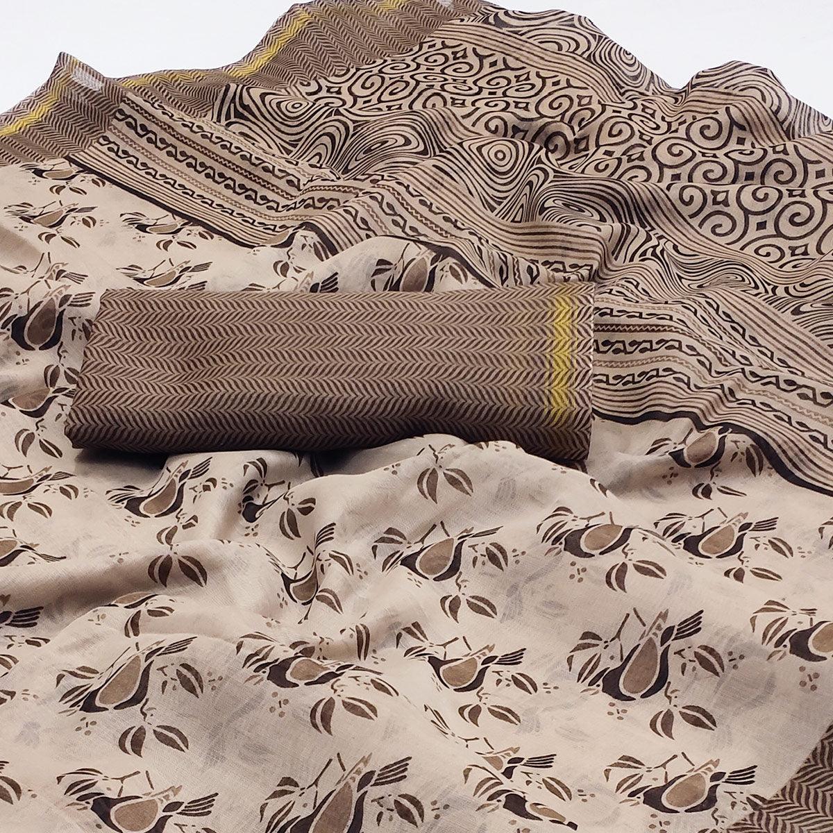 Brown Floral Printed Cotton Blend Saree - Peachmode