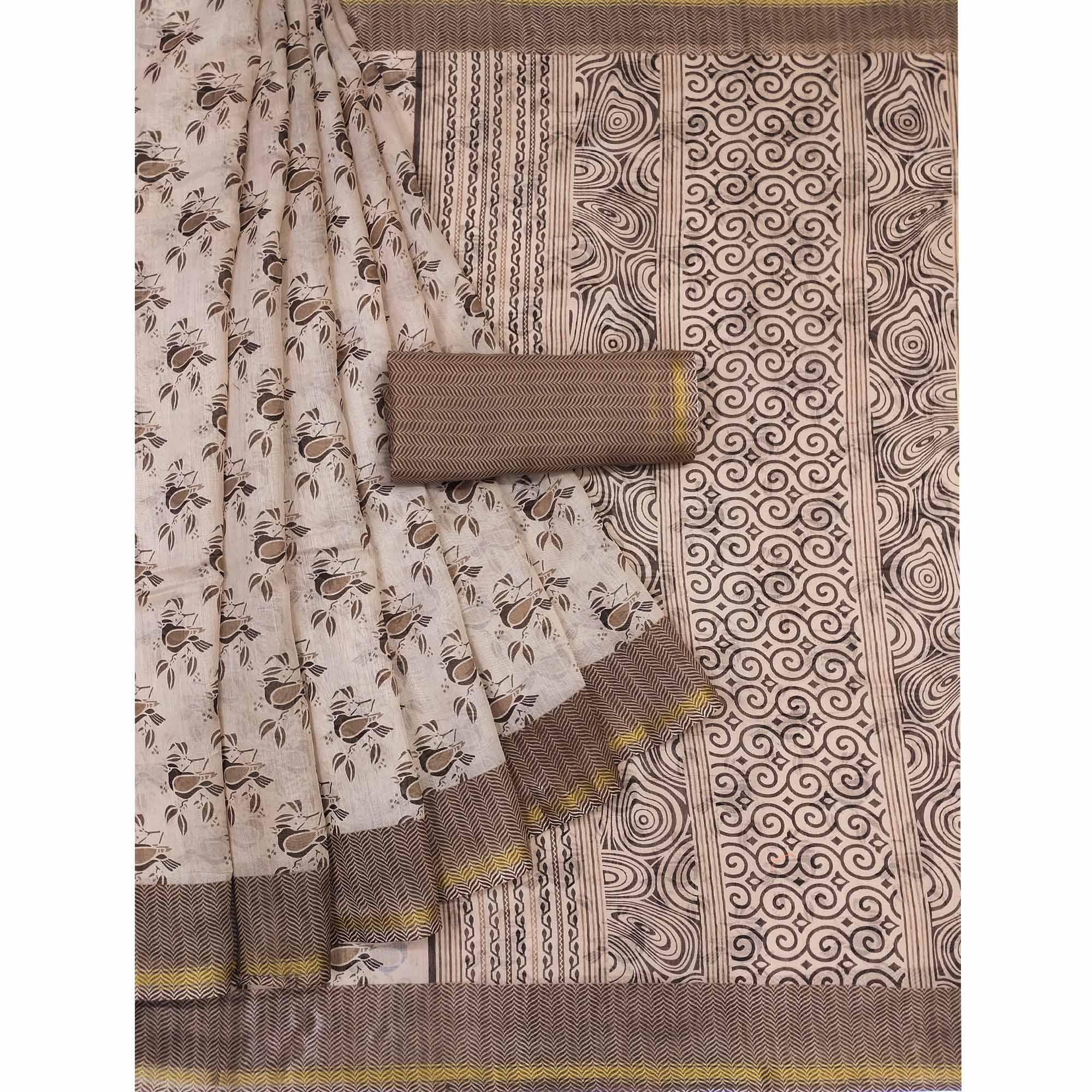 Brown Floral Printed Cotton Blend Saree - Peachmode