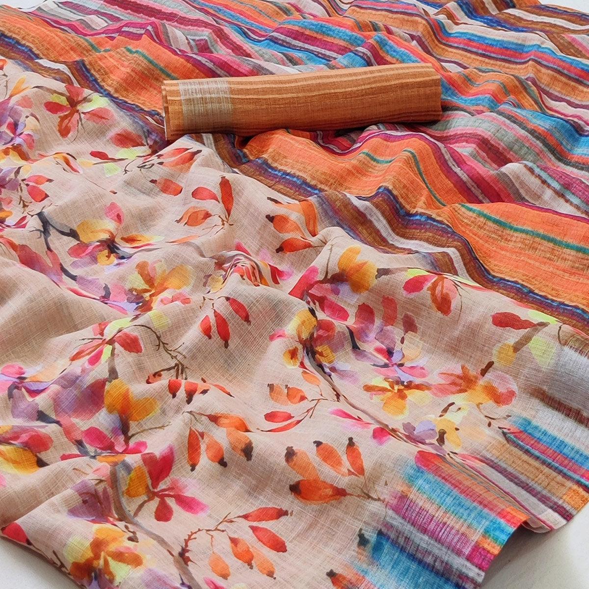 Brown Floral Printed Linen Saree - Peachmode