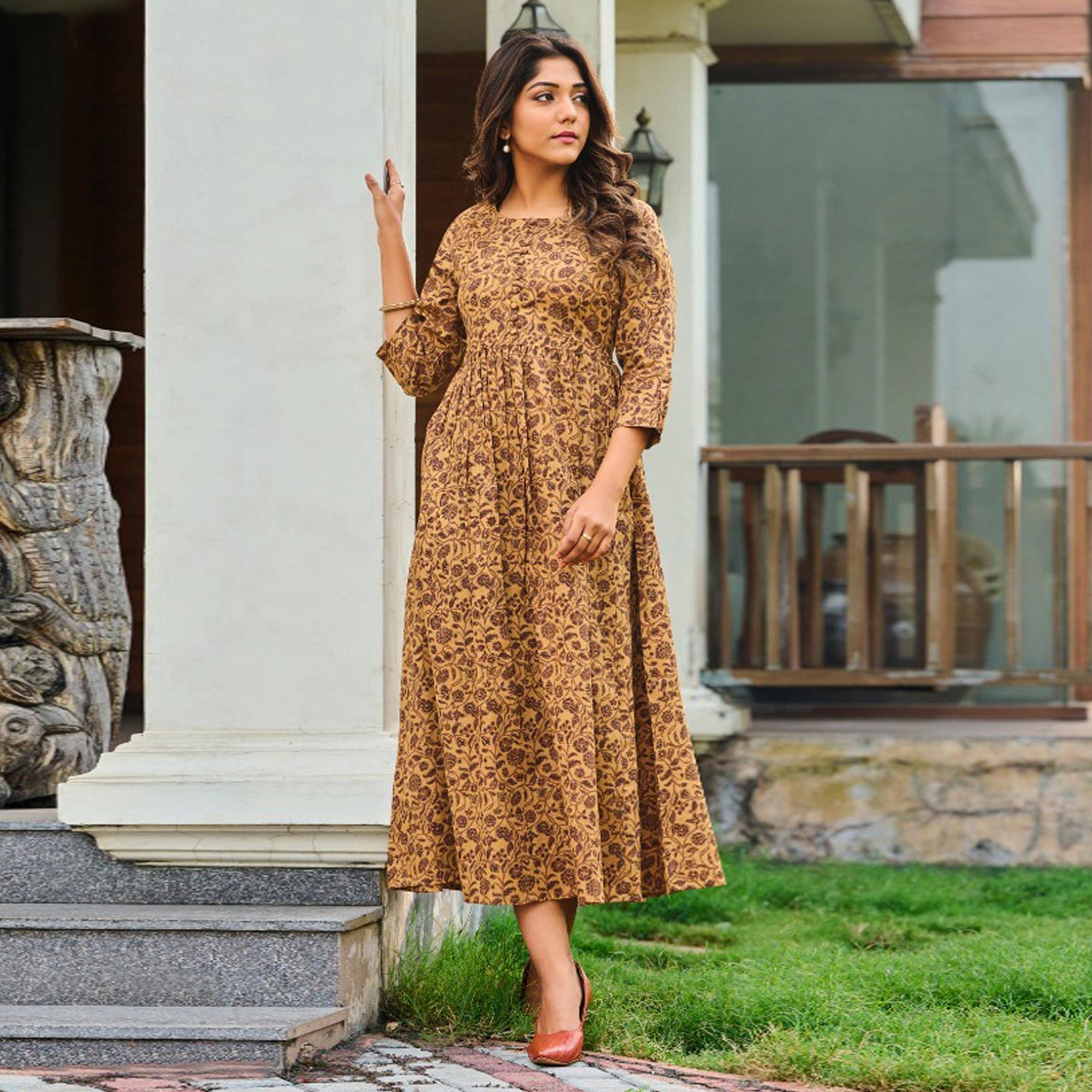 Brown Floral Printed Pure Cotton Dress - Peachmode