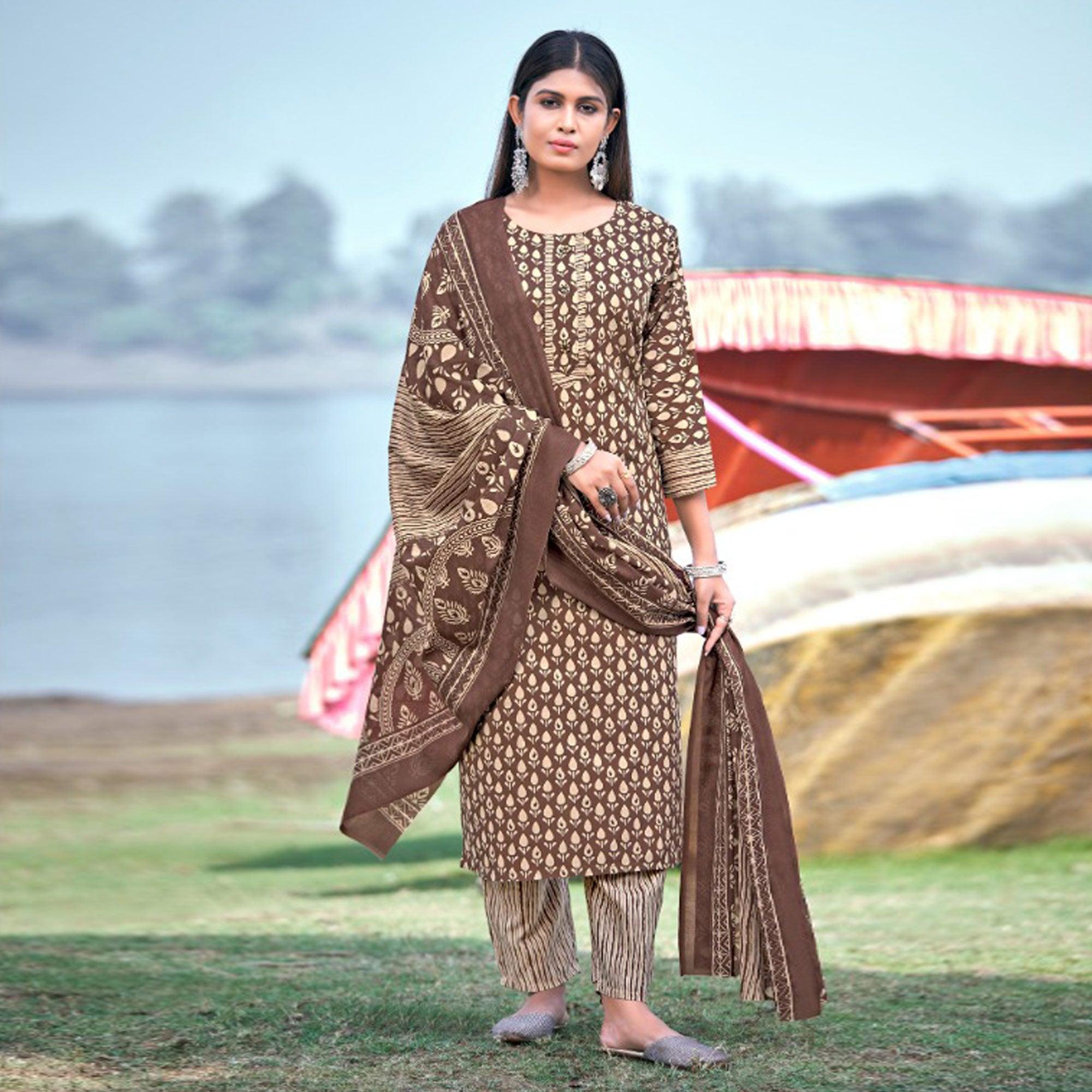 Brown Floral Printed Pure Cotton Kurti Pant Set With Dupatta - Peachmode
