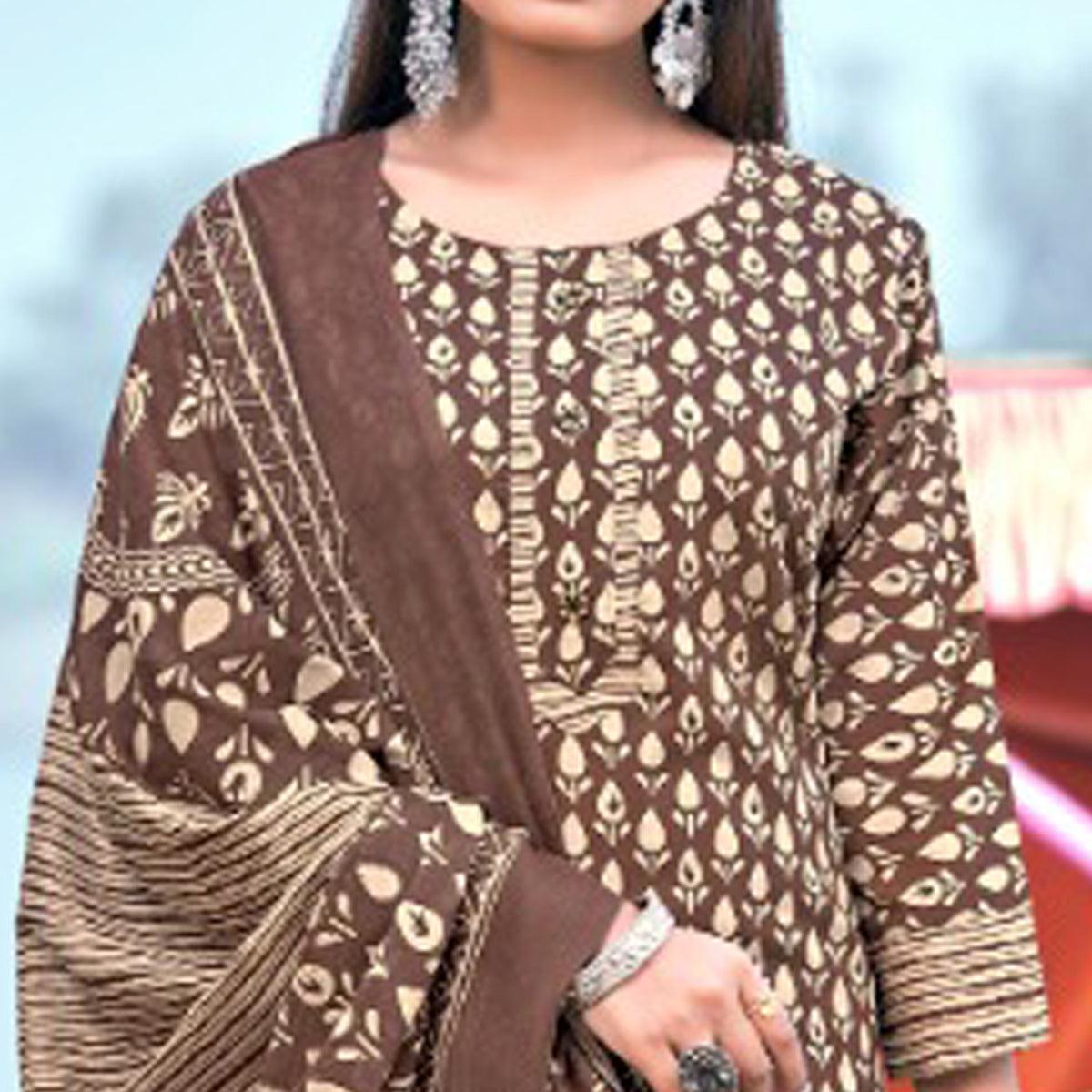 Brown Floral Printed Pure Cotton Kurti Pant Set With Dupatta - Peachmode