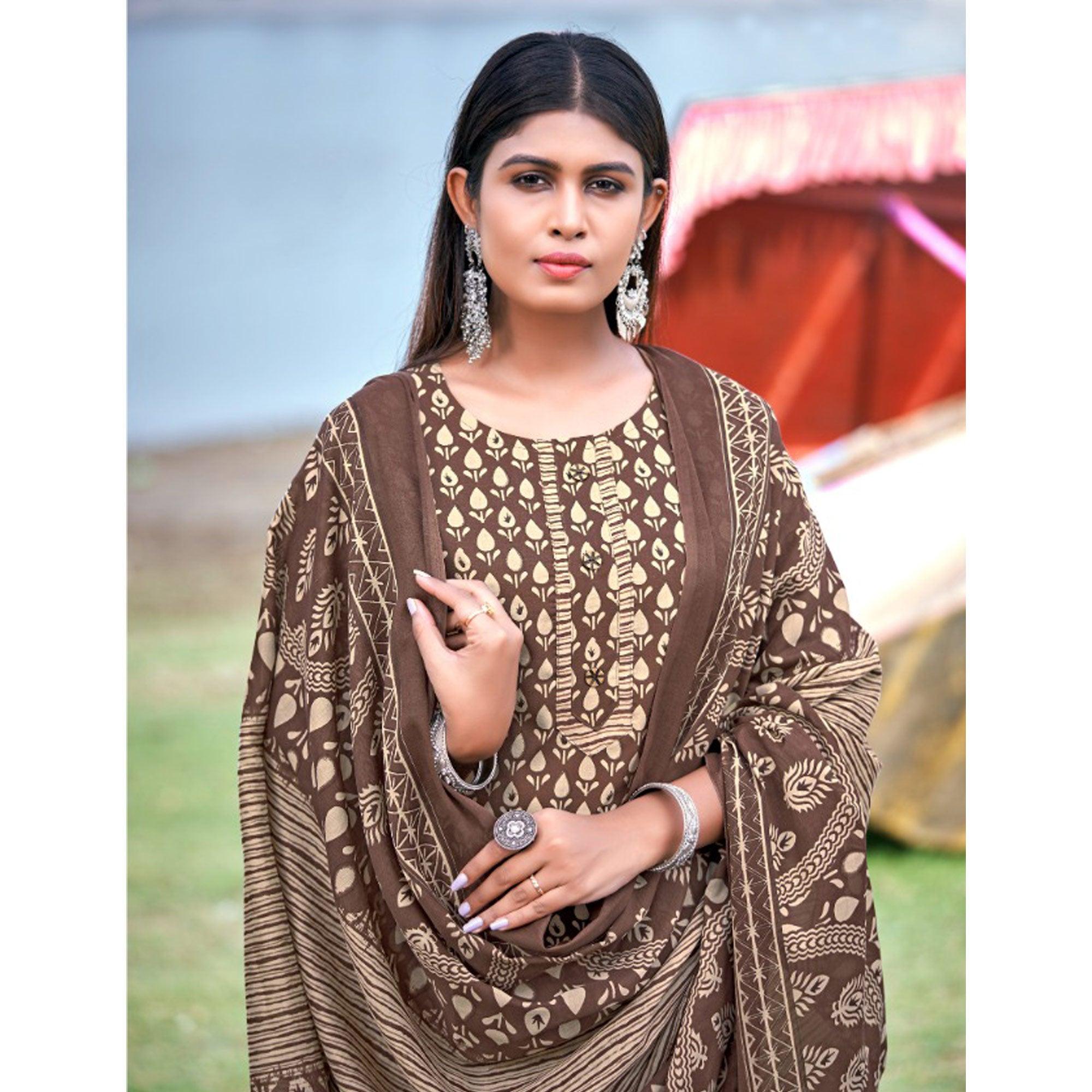 Brown Floral Printed Pure Cotton Kurti Pant Set With Dupatta - Peachmode