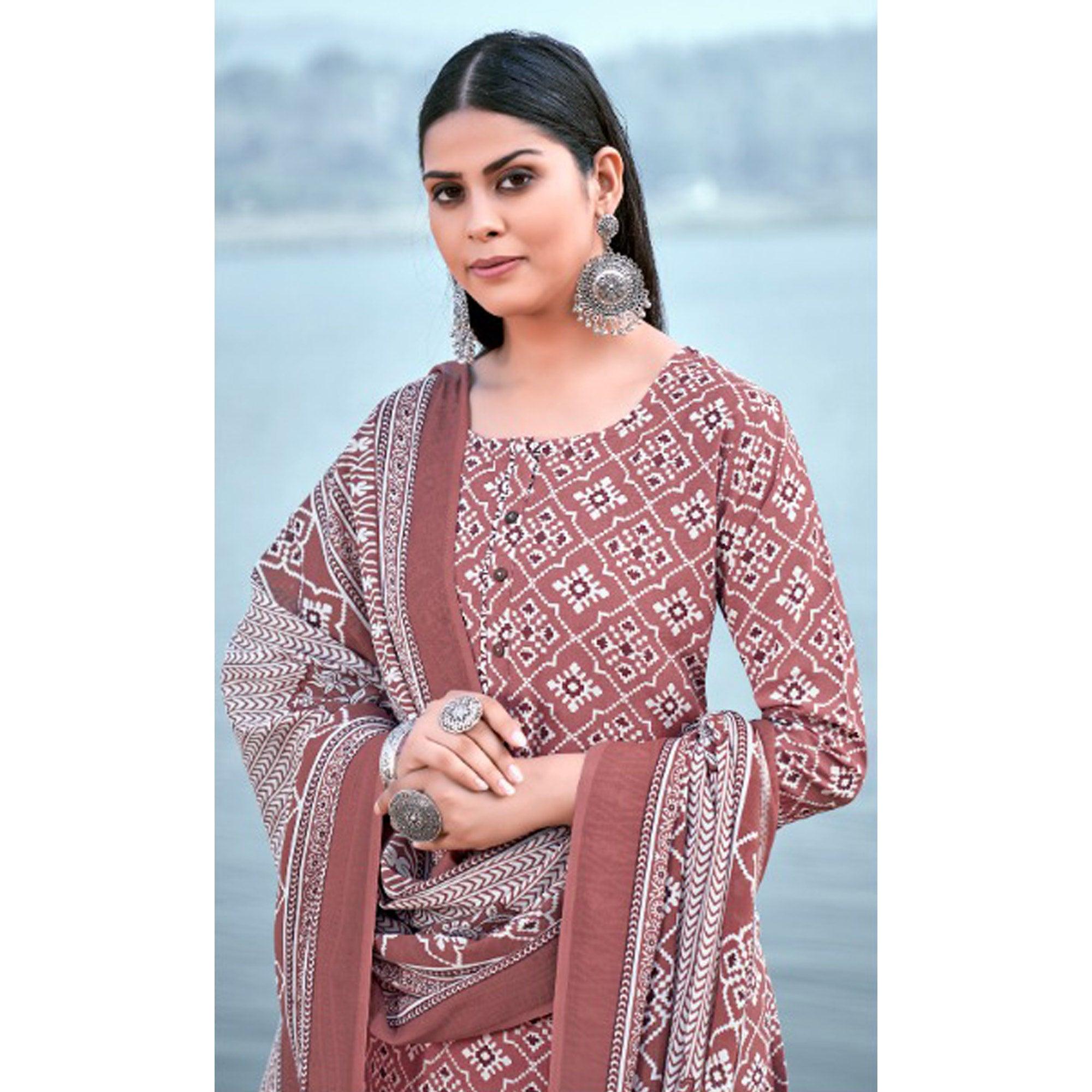 Brown Floral Printed Pure Cotton Kurti Pant Set With Dupatta - Peachmode