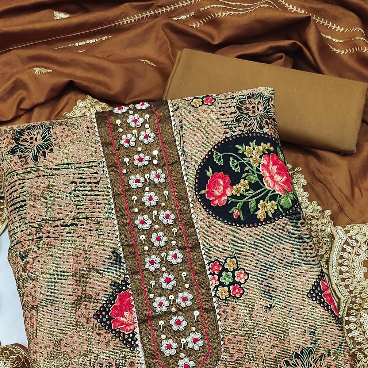 Brown Floral Printed With Embellished Pure Cotton Dress Material - Peachmode