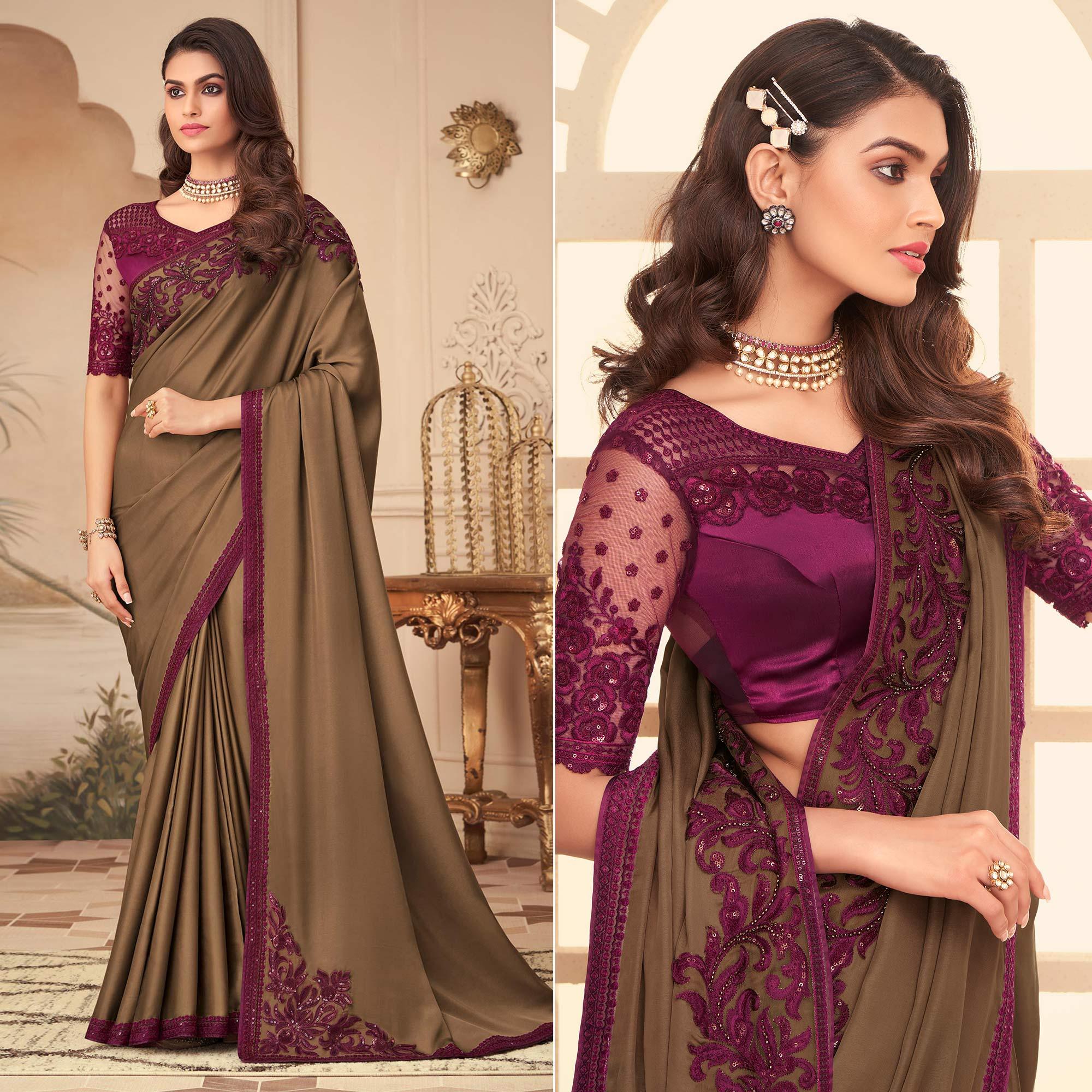 Brown Floral Sequence Embroidered Art Silk Saree - Peachmode