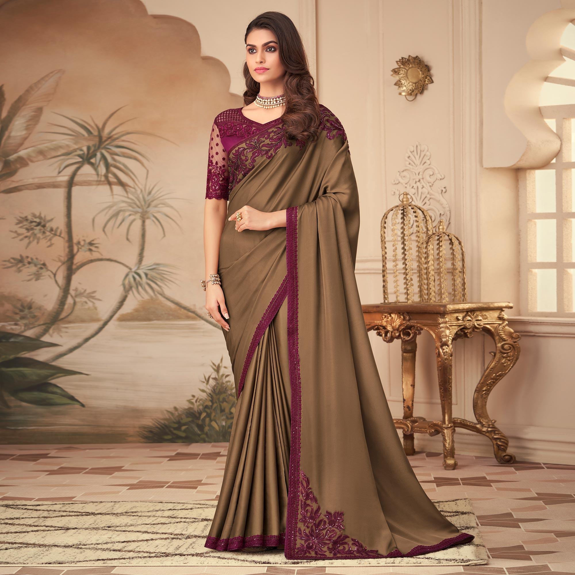 Brown Floral Sequence Embroidered Art Silk Saree - Peachmode