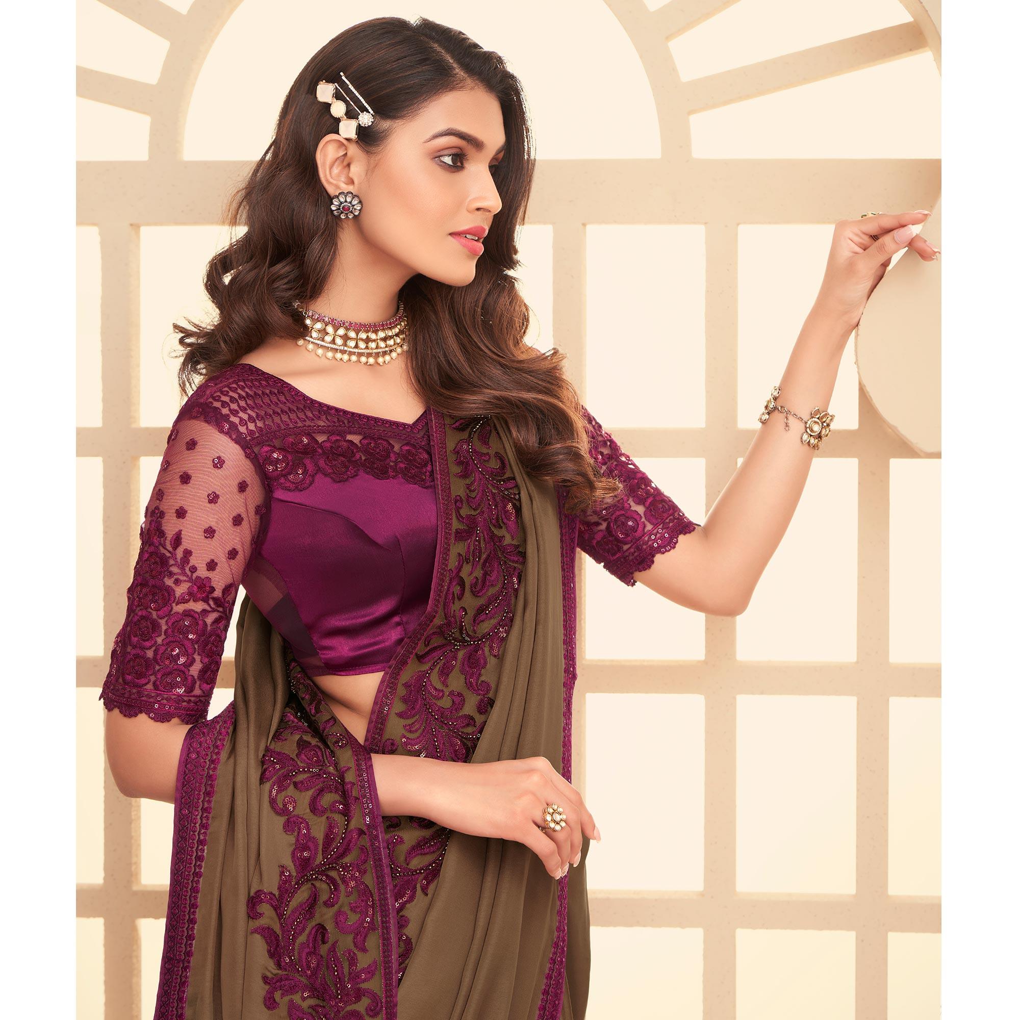 Brown Floral Sequence Embroidered Art Silk Saree - Peachmode