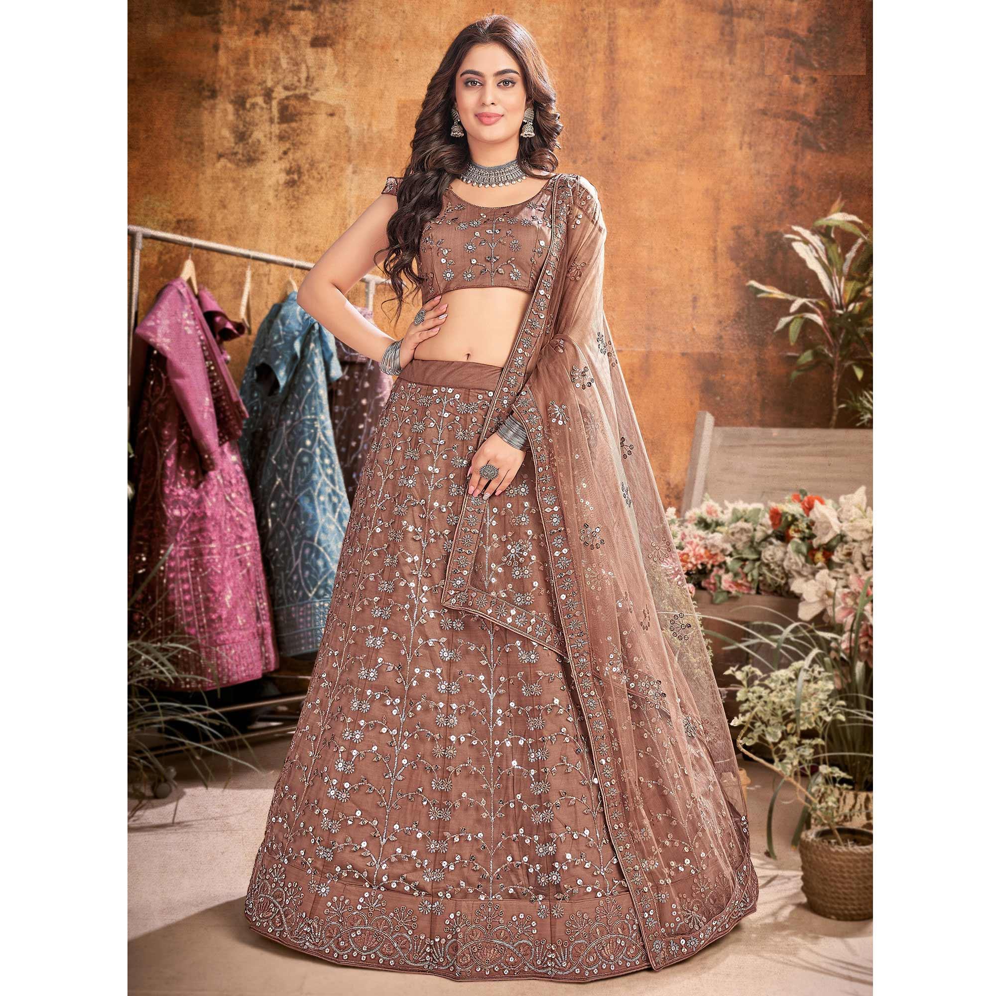 Brown Floral Thread Sequence Net Lehenga Choli - Peachmode