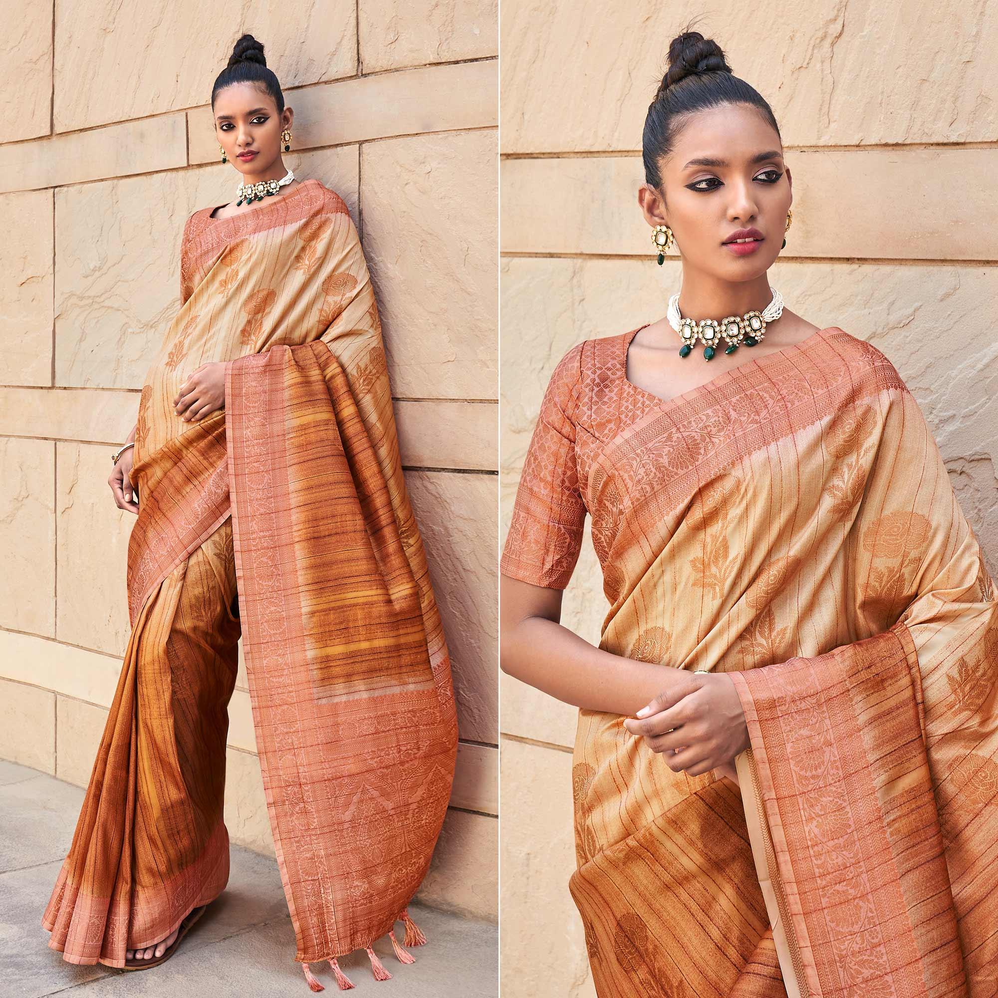 Brown Floral Woven Art Silk Saree - Peachmode