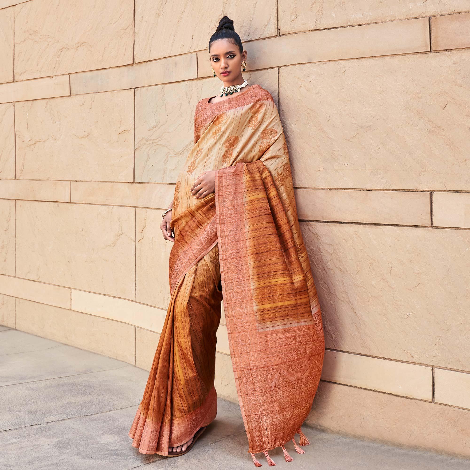 Brown Floral Woven Art Silk Saree - Peachmode