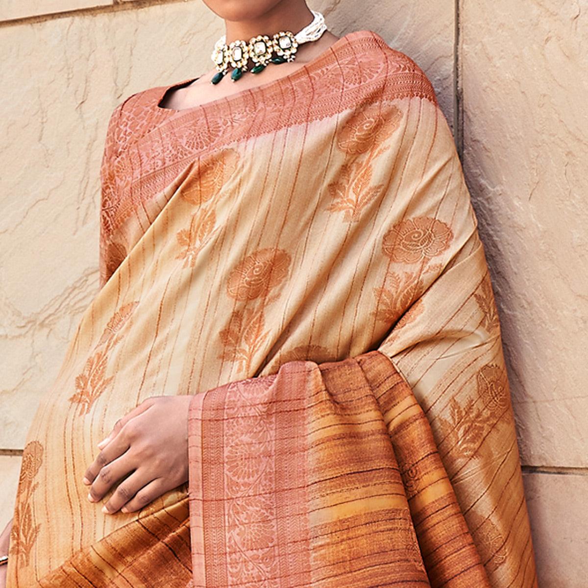 Brown Floral Woven Art Silk Saree - Peachmode