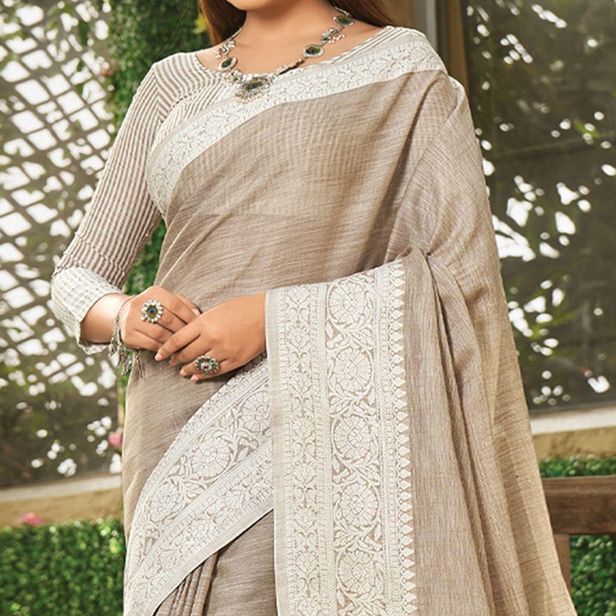 Brown Floral Woven Linen Saree - Peachmode