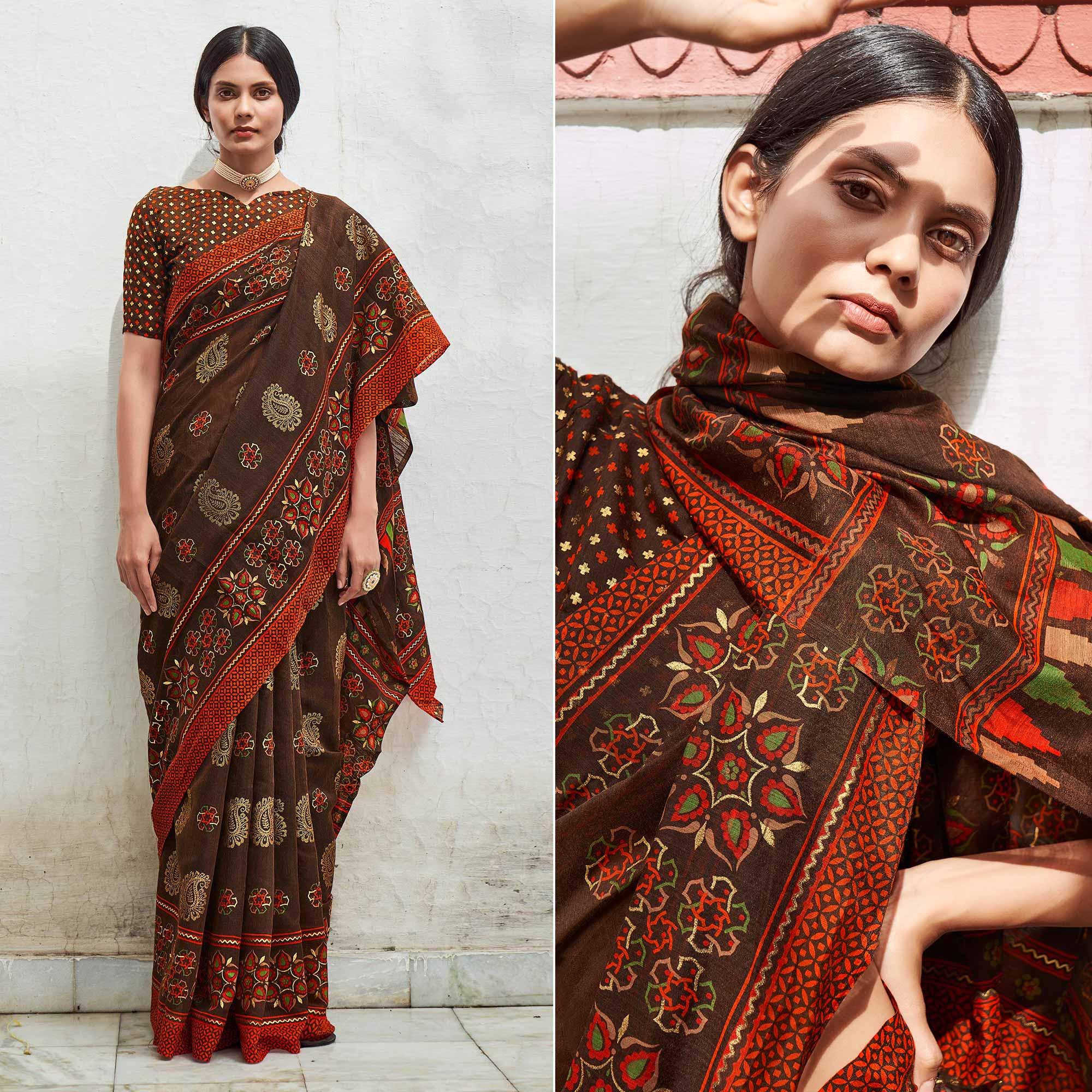 Brown Foil Digital Printed Poly Cotton Saree - Peachmode