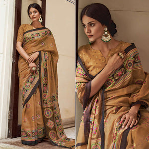 Brown Foil Digital Printed Poly Cotton Saree - Peachmode