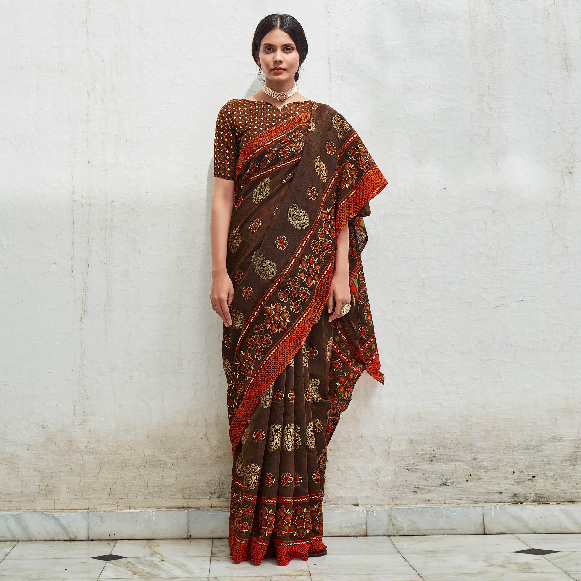 Brown Foil Digital Printed Poly Cotton Saree - Peachmode