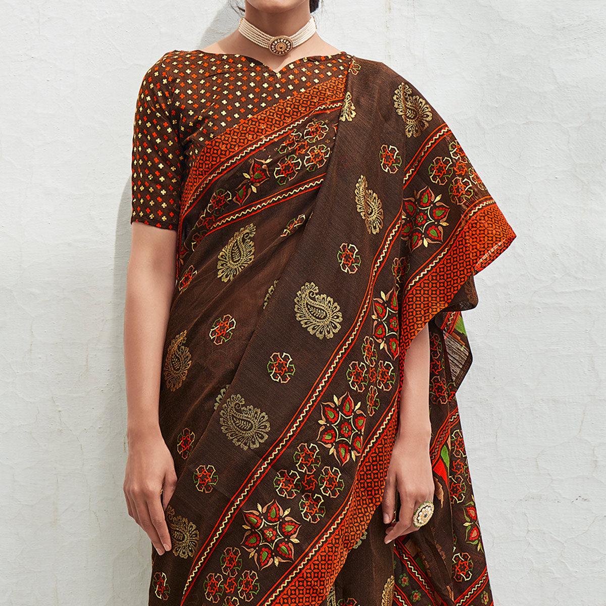 Brown Foil Digital Printed Poly Cotton Saree - Peachmode