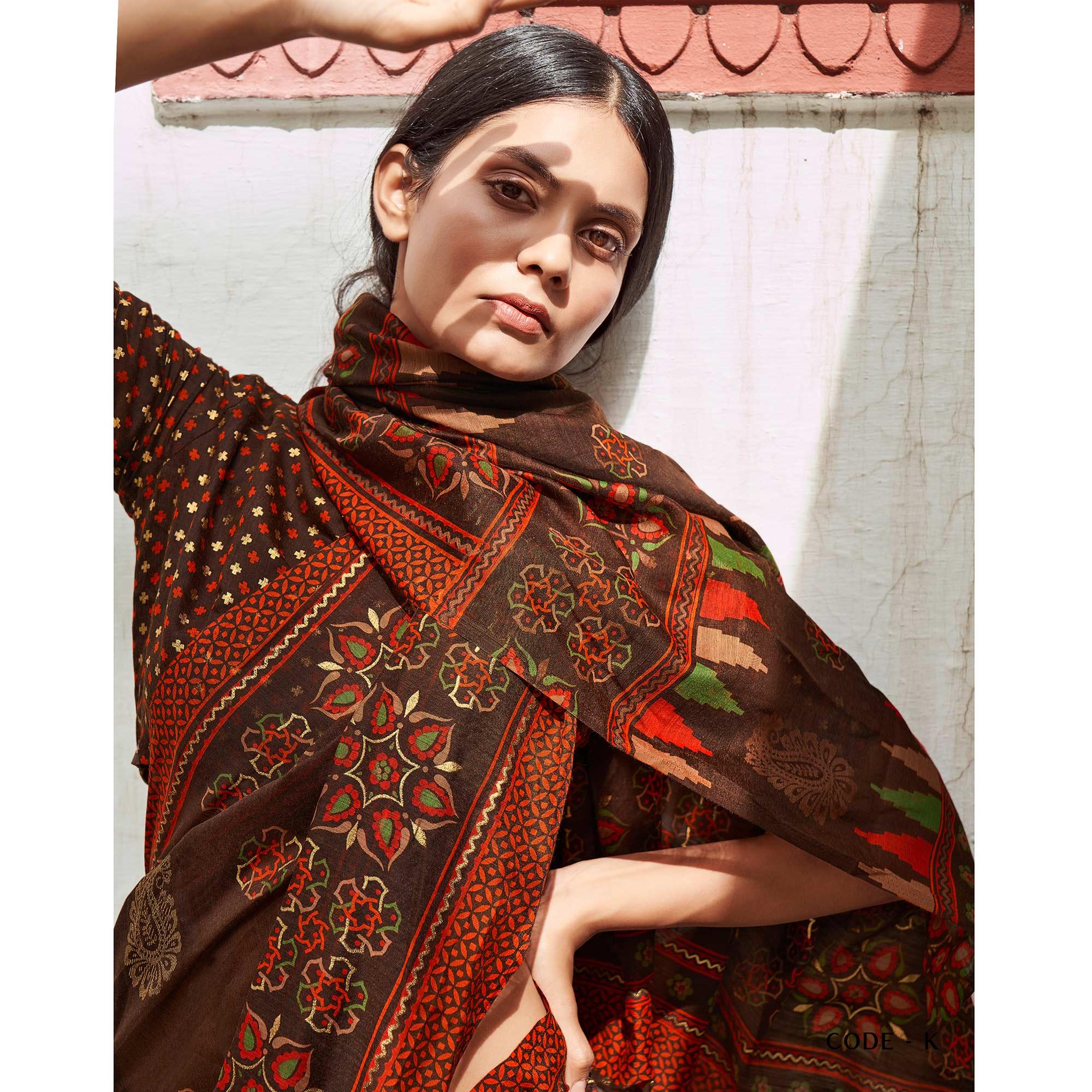 Brown Foil Digital Printed Poly Cotton Saree - Peachmode