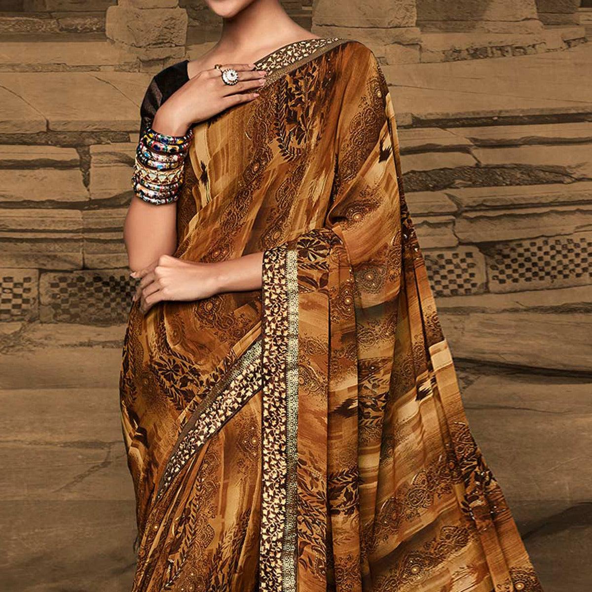 Brown Foil Printed Georgette Saree - Peachmode