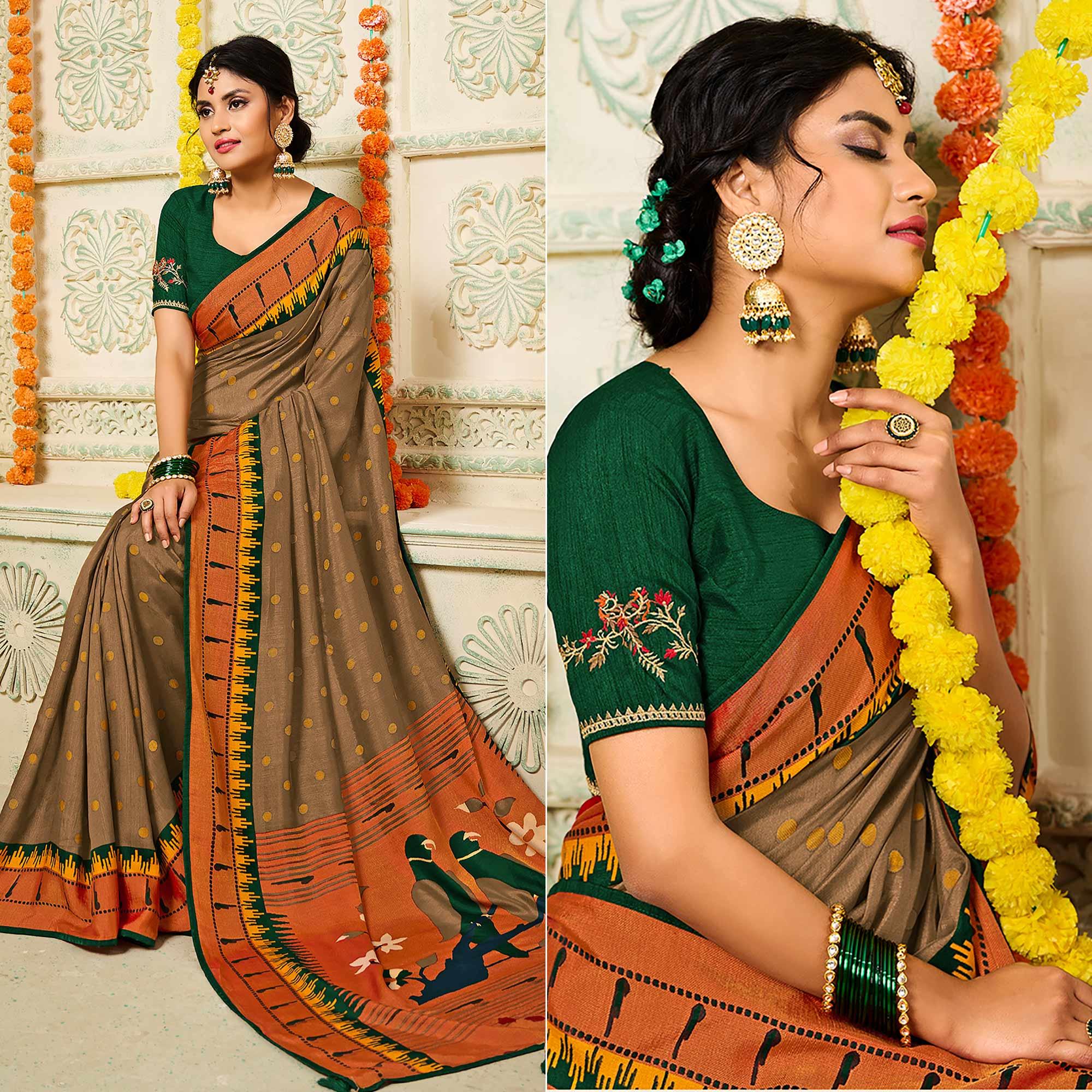 Brown Geometric Printed Brasso Saree With Tassels - Peachmode