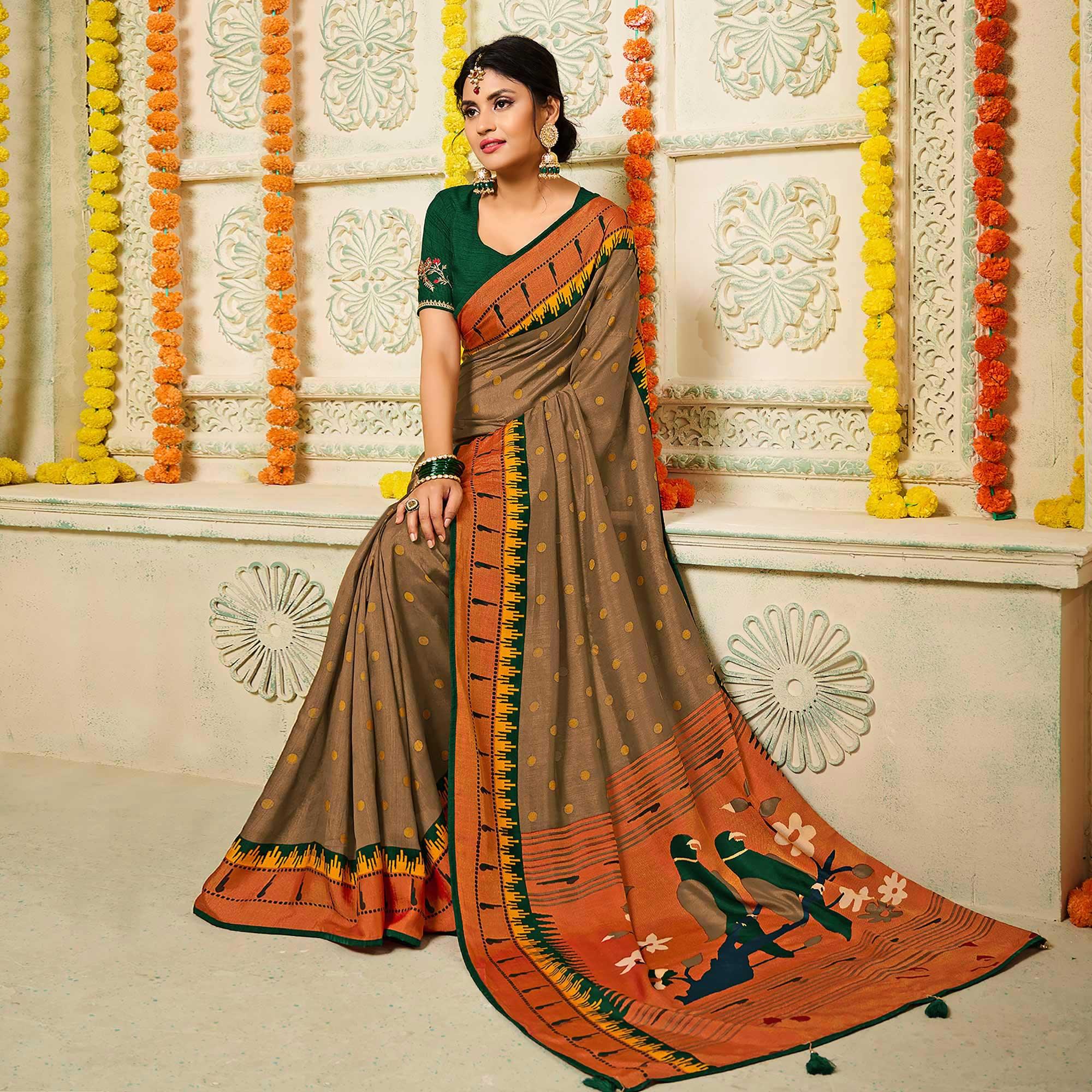 Brown Geometric Printed Brasso Saree With Tassels - Peachmode