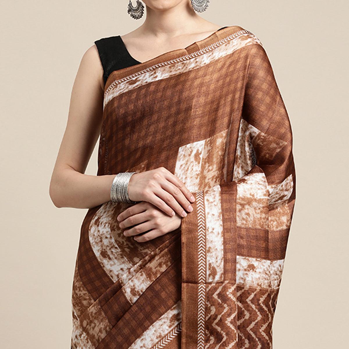Brown Geometric Printed Cotton Silk Saree - Peachmode