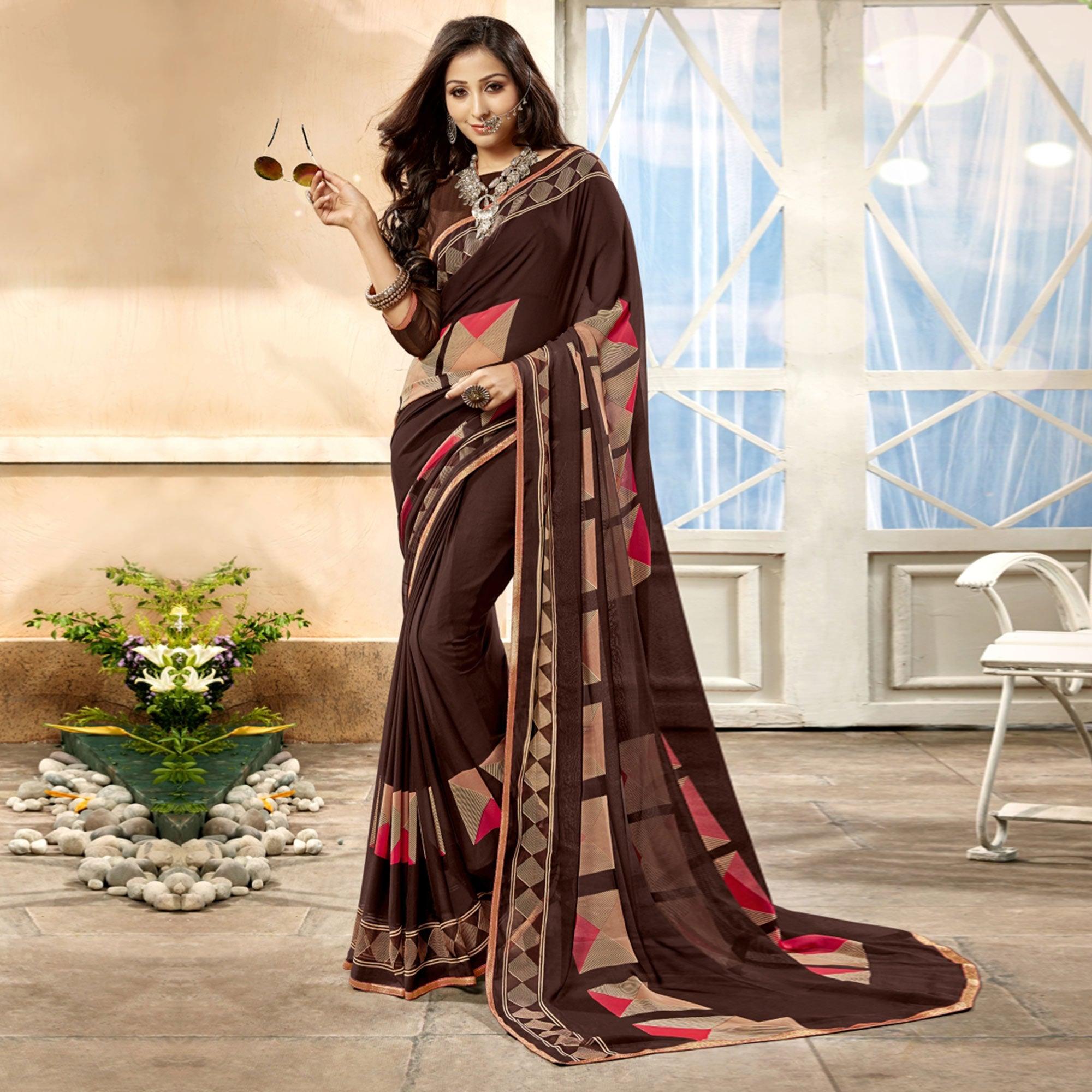 Brown Geometric Printed Georgette Saree - Peachmode
