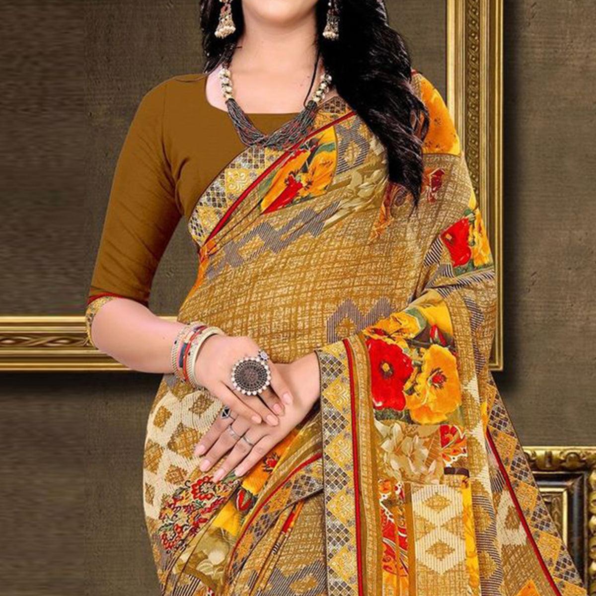 Brown Geometric Printed Georgette Saree - Peachmode